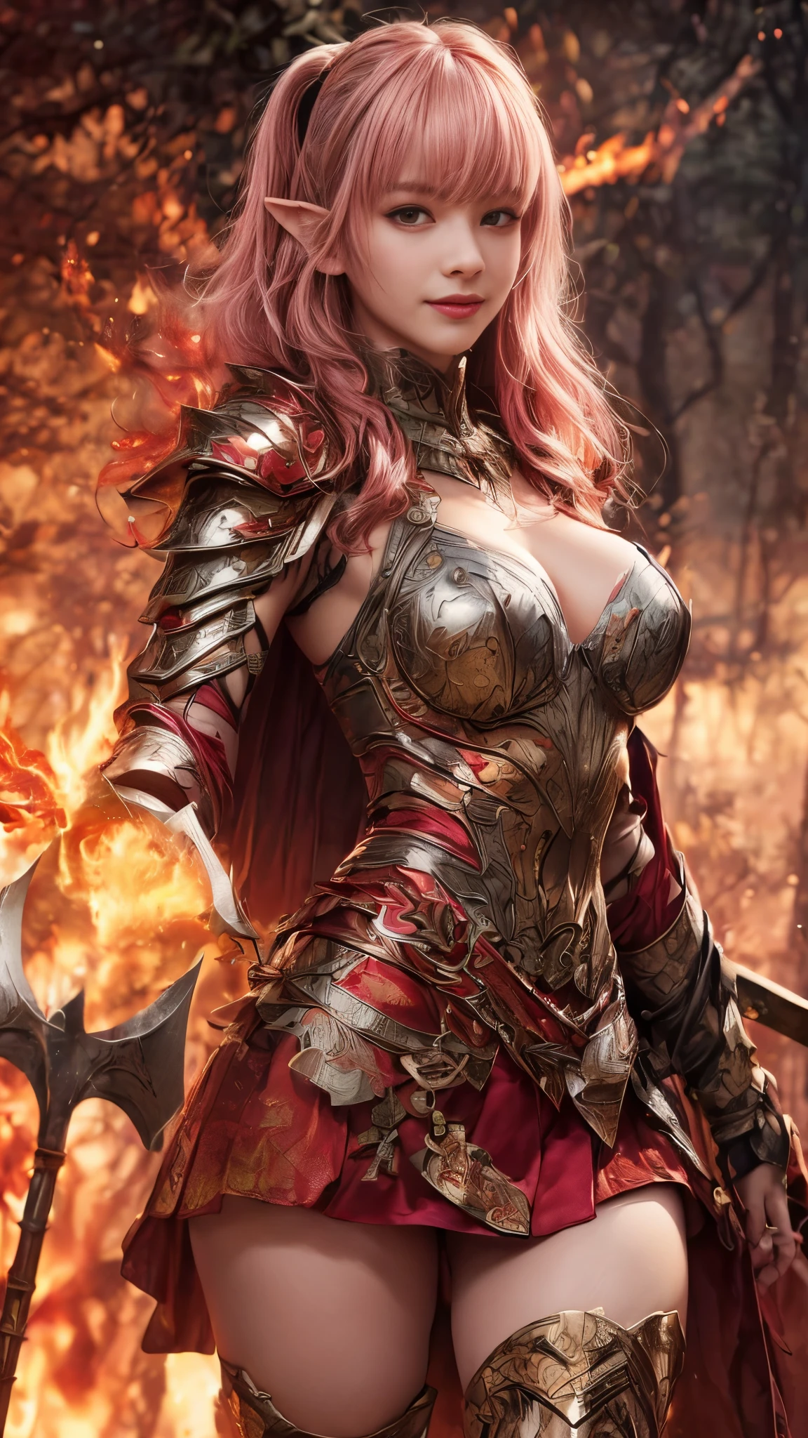 (((Crimson Armor)))、An elf in Agni-like armor、Pointed Ears、I can see the ears、 (((Battle Axe:1.3))), ((Fire effect))、Very beautiful woman、Slender women、(Detailed face)、Realistic Skin、((Delicate photo)),(Girls Masterpiece RAW Photo Details:1.25), (Best Quality:1.6), (Ultra-high resolution:1.5), (Realistic:1.75),8k resolution, ,50mm,Absurd, Very detailed,Cinema Lighting、(((Very detailed armor)))、(Red Cape)、((Ultra Curly Hair))、(((((Fire magic behind:1.3)))))、(((Too much exposed skin)))、((The flames are burning))、(((Big Boobs)))、((Red eyes))、(((Pink Hair)))、((smile))、(blunt bangs)、((Micro Mini Skirt))