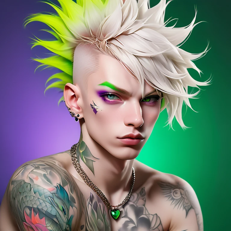 
Portrait of a cute Russian boy in the style of Alberto Seveso ,best quality, super detailed, photorealistic, white colors, albino, punk boy, school heartthrob ! Detailed eyes, upper body, Luxurious Punk Hair, Avant-garde punk fashion, Avant-garde makeup, multiple piercings, Gold jewelry ,Heavily tattooed body, 3D Colored Tattoos, dragon tattoo on neck , abstract background, Backlight effect, shallow depth of field, purple background" Meticulous, analog style, Focus on the eyes, of the highest quality, very detailed skin, photo of a very handsome Russian punk, perfect cute face, skin pores, penetration , green background, hips , clear focus, grainy lighting, Backlight ,high film grain, сфотографирован камерой Sony A7R IV, 18мм F/1.7 cinema lenses, very detailed, detailed elaboration, 8 k, HDR, front view, upper body .