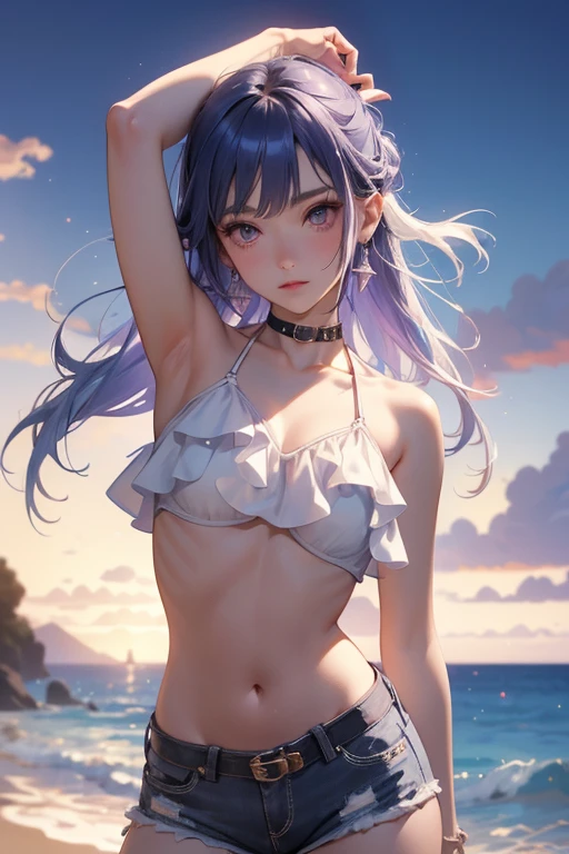 1.5),(1 girl),(Dynamic Pose),(multicolored hair+Silver hair:1.3+Red hair:1.2+Purple hair+Yellow hair:1.3+Green hair:1.3),(Blue eyes),(Neck ribbon),(floating),(cloud),(Too many drops of water),(Twilight),(watercolor paiting),(Wide Shot)