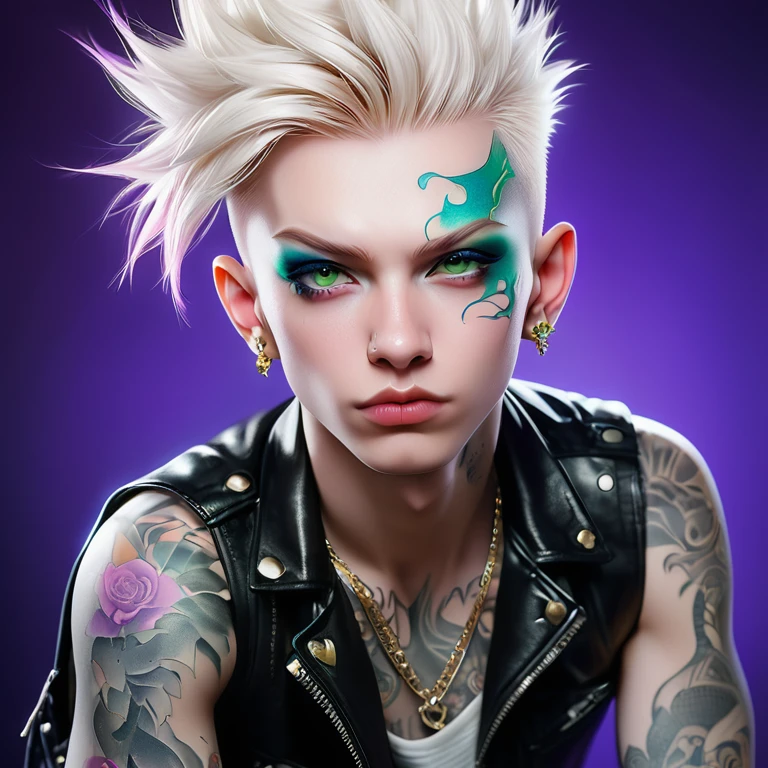 
Portrait of a cute Russian boy in the style of Alberto Seveso ,best quality, super detailed, photorealistic, white colors, albino, punk boy, school heartthrob ! Detailed eyes, upper body, Luxurious Punk Hair, Avant-garde punk fashion, Avant-garde makeup, multiple piercings, Gold jewelry ,Heavily tattooed body, 3D Colored Tattoos, dragon tattoo on neck , abstract background, Backlight effect, shallow depth of field, purple background" Meticulous, analog style, Focus on the eyes, of the highest quality, very detailed skin, photo of a very handsome Russian punk, perfect cute face, skin pores, penetration , green background, hips , clear focus, grainy lighting, Backlight ,high film grain, сфотографирован камерой Sony A7R IV, 18мм F/1.7 cinema lenses, very detailed, detailed elaboration, 8 k, HDR, front view, upper body .