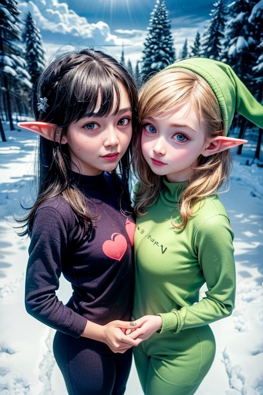 Beautiful European 12yo twin sisters with blue eyes and blonde hair. They’re wearing green . Wearing a cropped long-sleeve red woollen sweater witha Santa Claus pattern. Also wearing a Santa hat. Standing in a living room decorated for Christmas. Smiling. Ultra-high resolution, (photorealistic: 1.4), high resolution, (brown eyes), (finely detailed skin), (perfectly proportioned) (photo realistic) (masterpiece) (photorealistic), ultrarealistic (Best Quality) (Detailed) photographed in a Canon EOS R5, 50mm Lens, F/2.8, (8K) (Wallpaper) (Natural lighting) (Convoluted), flashing, big round breasts, looking at viewer,