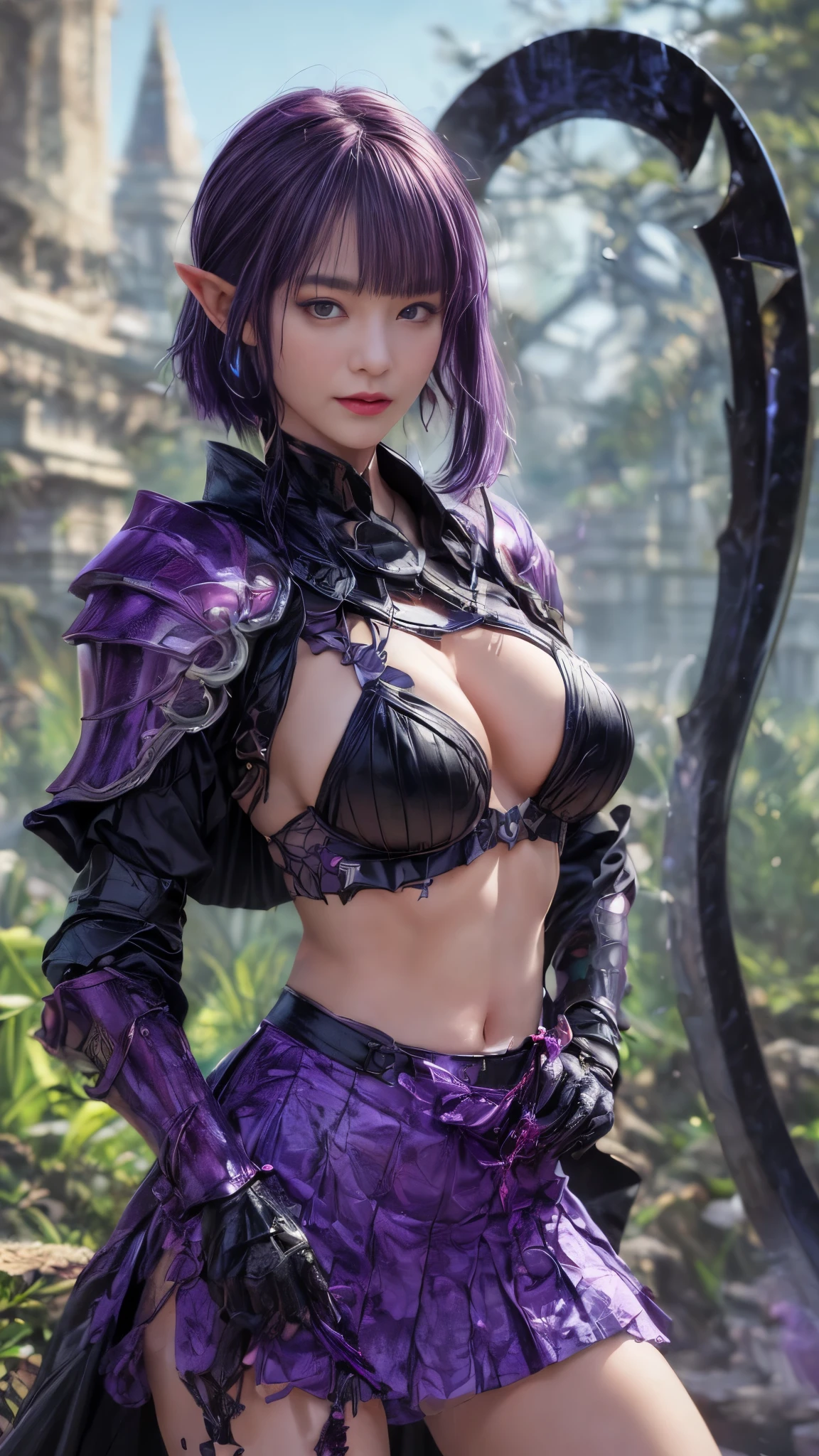 (((Purple poisonous spider-like armor)))、Elf in spider web armor, (Pointy Ears)、Ears are visible、(((Scythe:1.3))), ((Purple Poison Mist Effect)), Ready for battle、Very beautiful woman、Slender women、(Detailed face)、Realistic Skin、((Delicate photo)),(Girls Masterpiece RAW Photo Details:1.25), (Best Quality:1.6), (Ultra-high resolution:1.5), (Realistic:1.75),8k resolution, ,50mm,Absurd, Very detailed,Cinema Lighting、(((Blunt bangs)))、(Short Straight Hair)、(((Very detailed armor)))、(Dark brown cape)、(((((Purple poison mist magic behind him:1.3)))))、((Too much exposed skin))、((darkness))、((((Big Breasts))))、((Purple Eyes))、(((Bright purple hair)))、((smile))、((Tuck hair behind ears))、(((Micro Mini Skirt))),(((Black eyeshadow)))