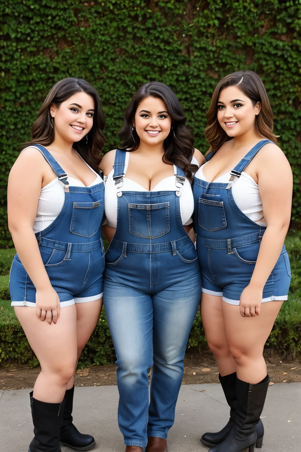 two women in jeans standing next to a pole with a tractor behind them, she has a jiggly fat round belly, thick thigs, powerful and huge, on a farm, thick body, two girls, skinny waist and thick hips, thicc, widest hips, beautiful thick female, wearing tight simple clothes, in the countryside, posing together in bra