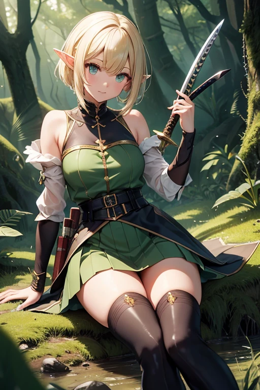 ((realistic: 1.5)),((best quality)), ((masterpiece)),((detailed)), woman, with short green hair, red eyes, eye patch, long legs, curves, small breasts, general's clothes, without exposing the body, wide hips, long eyelashes, sitting on a stone, in the middle of the forest
