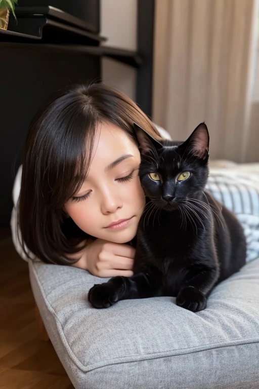 Make a -yeld Ni girl with a black kitten on her lap