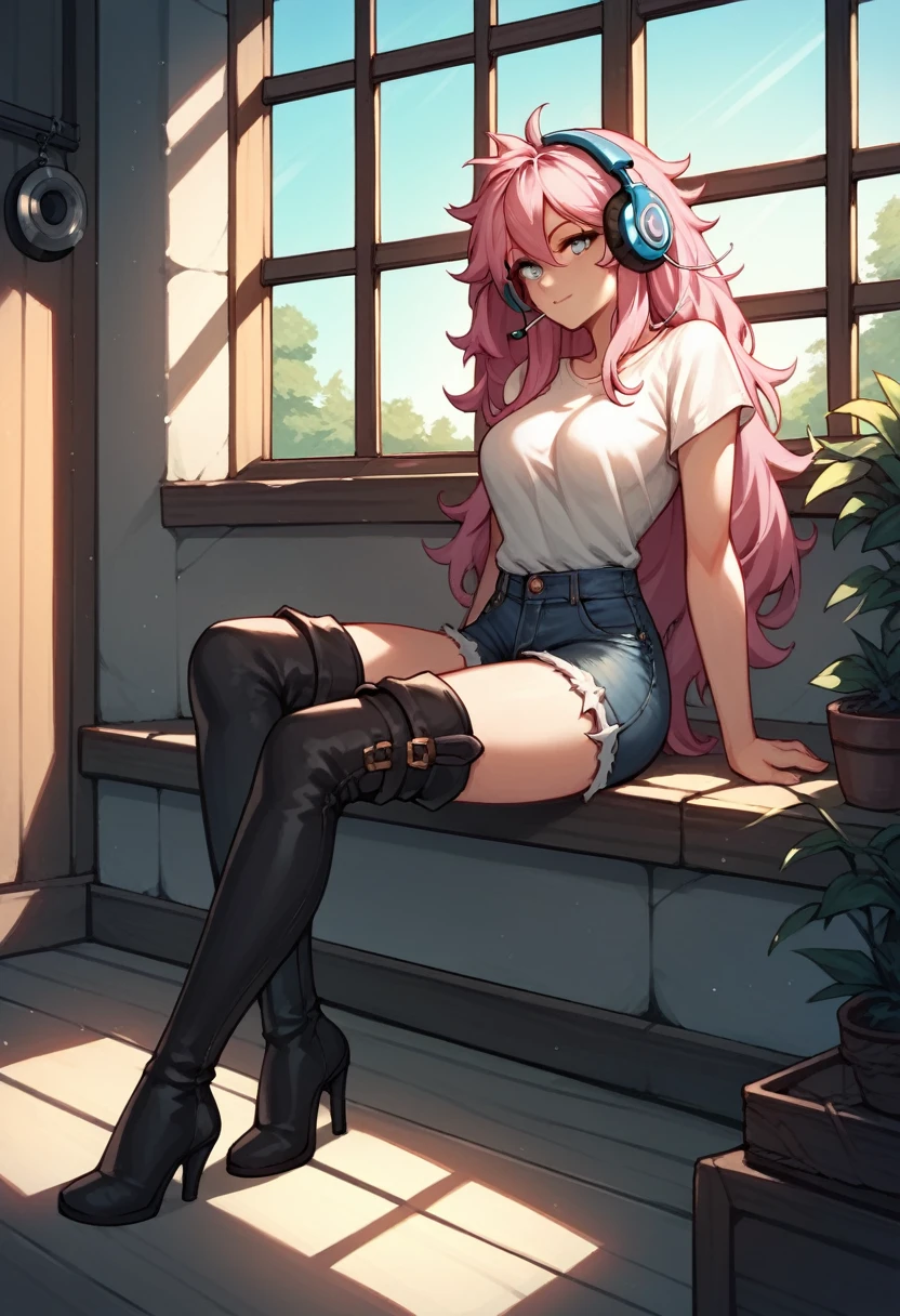 score_9, score_8_up, score_7_up, score_6_up, score_5_up, score_4_up, source_anime, 1woman, sexy face, sit, pink hair, long hair, white eyes, croosed legs, messy hair, white shirt, jeans shorts, black thigh high boots, pregnancy, heels, day, windows, beautiful view from the window, There are forests and fields outside the window, headphones, dungeon, best quality, best res, 4K UHD,
 