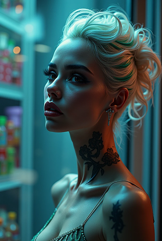<lora:ReinaPXL:0.8>, 1girl, tattooes, bartender woman, black lipstick, white top, jean short, in a pub,
One Eye Closed, Extreme close up, detailed skin, detailed eyes
