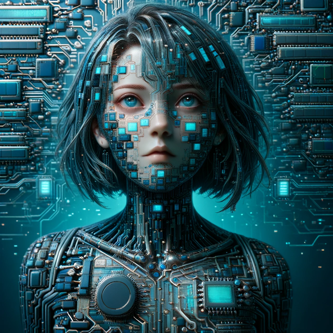 Supreme female humanoid artificial intelligence, made entirely of Biomech semiconductor,  Science fiction, semiconductor cables instead of hair (masterpiece:1.2), Best quality</input></xml>, (hyperdetailed, more detailed:1.2), high resolution textures, chip na testa, connected by cables to a background circuit board, blue led with pulse, Stunning quality, facing user, face, facial view, eye contact