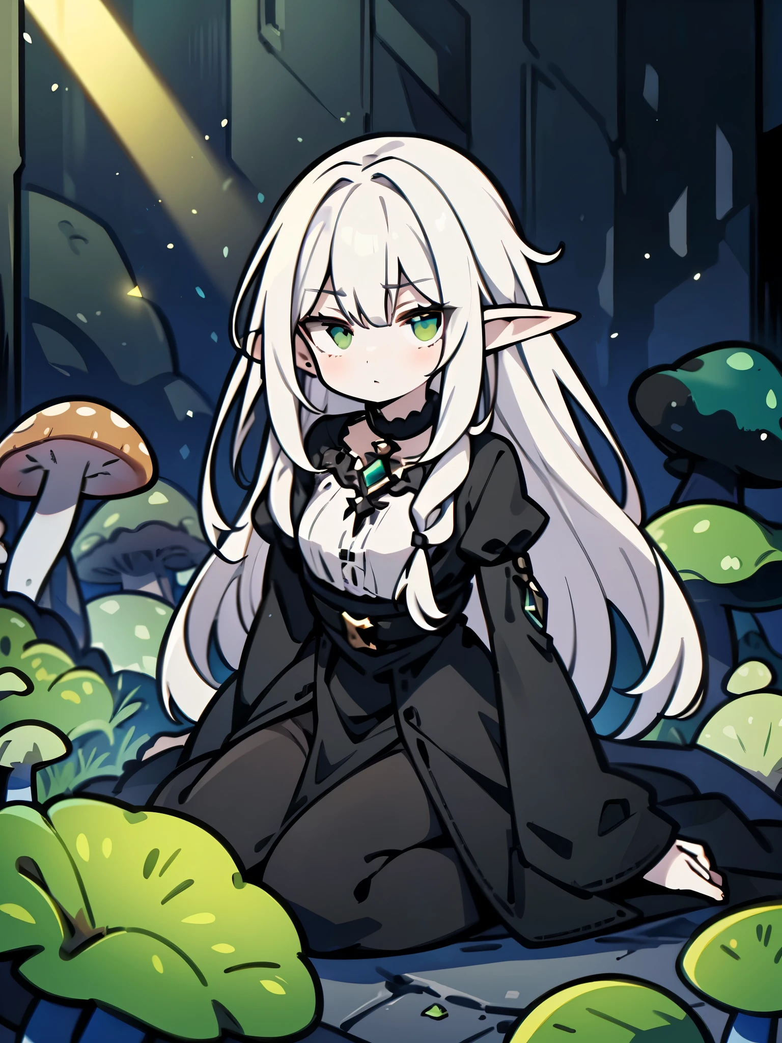 A beautiful elf woman from ((pale bluish skin)), ((white hair)), straight hair, Long hair, ((white eyes)), black dress, detailed dress, Black boots, high heels, silver necklace around the neck, serious expression, haughty, powerful, threatening, mysterious, look of superiority, (looking at the viewer), look up and down, inside a dark cave, dark place, smoke, ((green mushrooms radiating light)), poorly lit environment, ((high quality)), ((detailed quality))