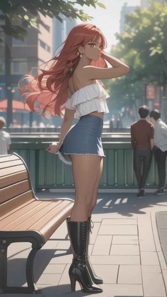 (((Adult woman)): (thigh short denim miniskirt, strapless denin top, pink eyes, brown skin, dark skin, showing the whole body, ((red head short wavy hair)), ((High heel boots ). Closed mouth )); full body shot, ((sitting on a bench at park)), city background. High quality. 4k, 8k, many details. Masterpiece, accurate, anatomically correct, posing, detailed background, better quality, original work Focus on details, people's watching around, Front view, hand in hair, earrings,  wind blowing, red lace panties, down view, skirt lift, open legs, light freckles 