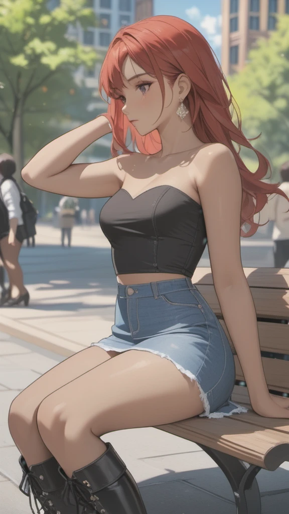 (((Adult woman)): (thigh short denim miniskirt, strapless denin top, pink eyes, brown skin, dark skin, showing the whole body, ((red head short wavy hair)), ((High heel boots ). Closed mouth )); full body shot, ((sitting on a bench at park)), city background. High quality. 4k, 8k, many details. Masterpiece, accurate, anatomically correct, posing, detailed background, better quality, original work Focus on details, people's watching around, Front view, hand in hair, earrings,  wind blowing, red lace panties, down view, skirt lift, open legs, light freckles 