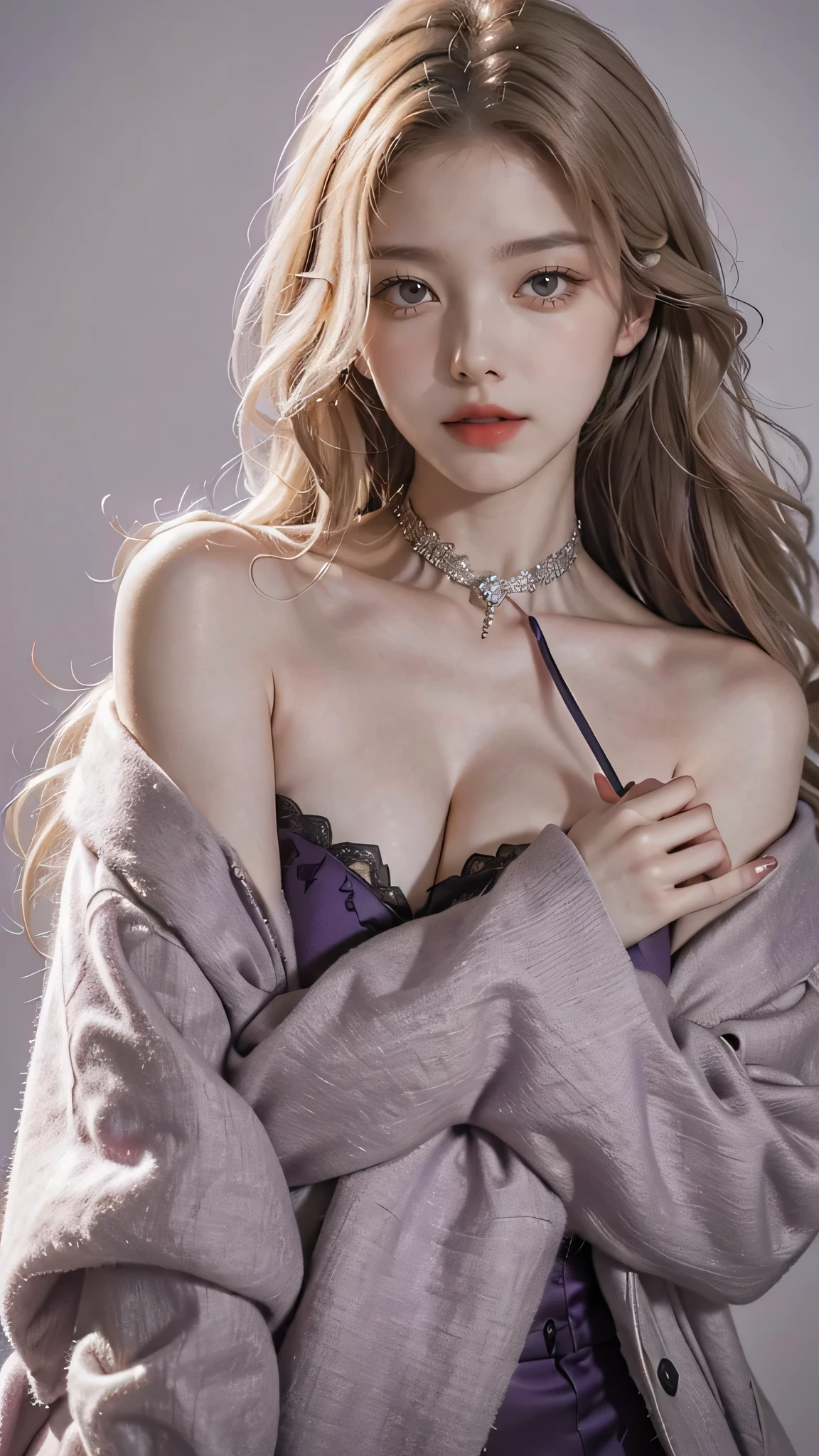 Girl wearing, luxury lavender coat, shoulder length hair, wavy hair, glowing skin, star in eye, red lips, grey background, cute poses , upper body, light blonde hair.