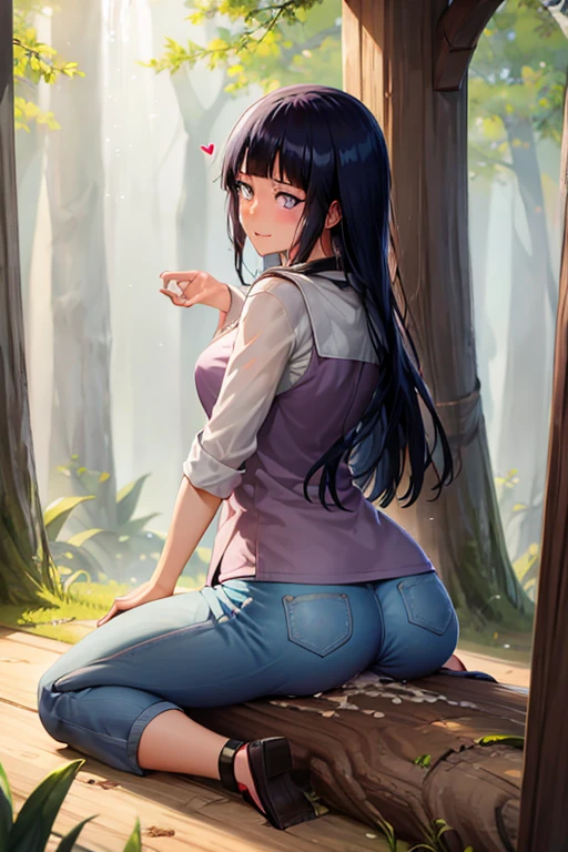 hinata , pants lowered to the knees, is located in a forest, sitting on a log, crushes a penis with her buttocks, She masturbates with a wooden penis in her vagina, is penetrated, lift your butt, ejaculate inside her, bent legs, Open legs, excited, has semen on his face, semen in her hair, blushing, heart in the eye, Back view 