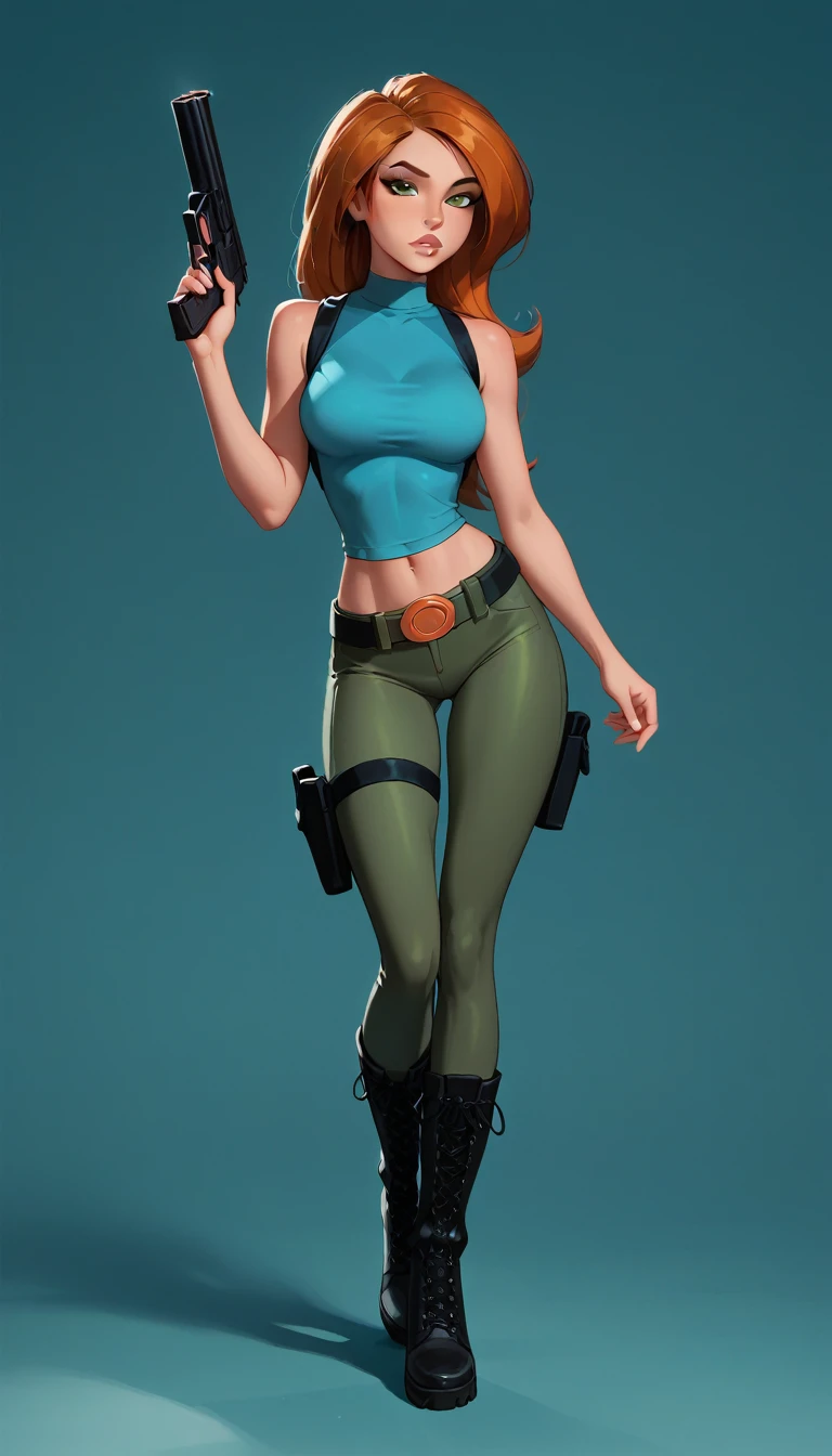 score_9, score_8_up, score_7_up, 1girl, (Kim Possible, wearing Tomb Raider costume, tight shirt, sleeveless shirt, tight shorts, belt, gun holsters, boots:1.3), midriff, flirt, gaze, sexy look, half-closed eyes, head tilt, filled lips, thick lips, makeup, side view, (full body in view) expressiveh d4rk01l, perfect hands, perfect proportions, simple background.