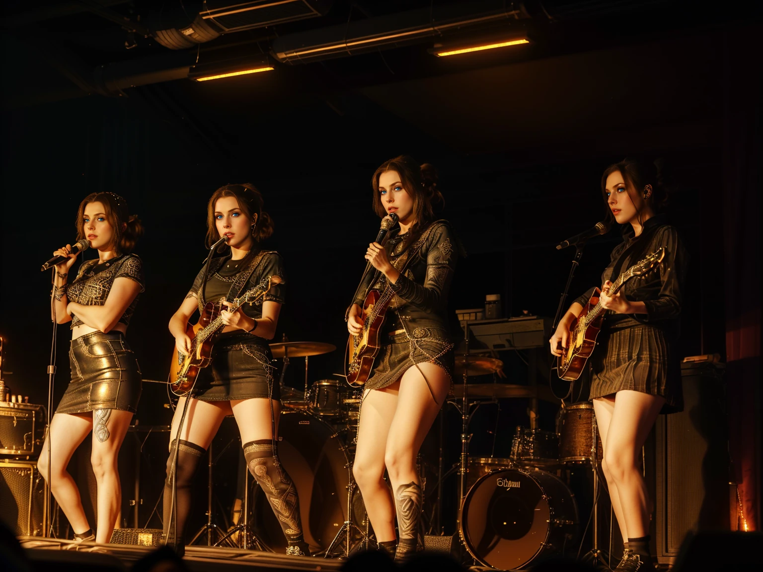 (Trio), An all woman punk band, 3 women, all wearing slightly revealing goth-punk outfits, interior of a smokey dive bar, the women are on stage performing, one woman sings, each woman holds a different instrument, instruments are worn down but cared for, (all the women have some type of updo hairstyle), detailed hair, (each woman poses differently), beautiful eyes and lips, accurate faces, best hands, perfect hands, intricate and separate fingers, 8k, UHD, (studio lighting), lots of rich background details, (award winning photography capturing a sense of hope in dark times), arwen_datnoid_v1, NEGATIVE_HAND-NEG, glow particle, (full length portrait:1.37) 