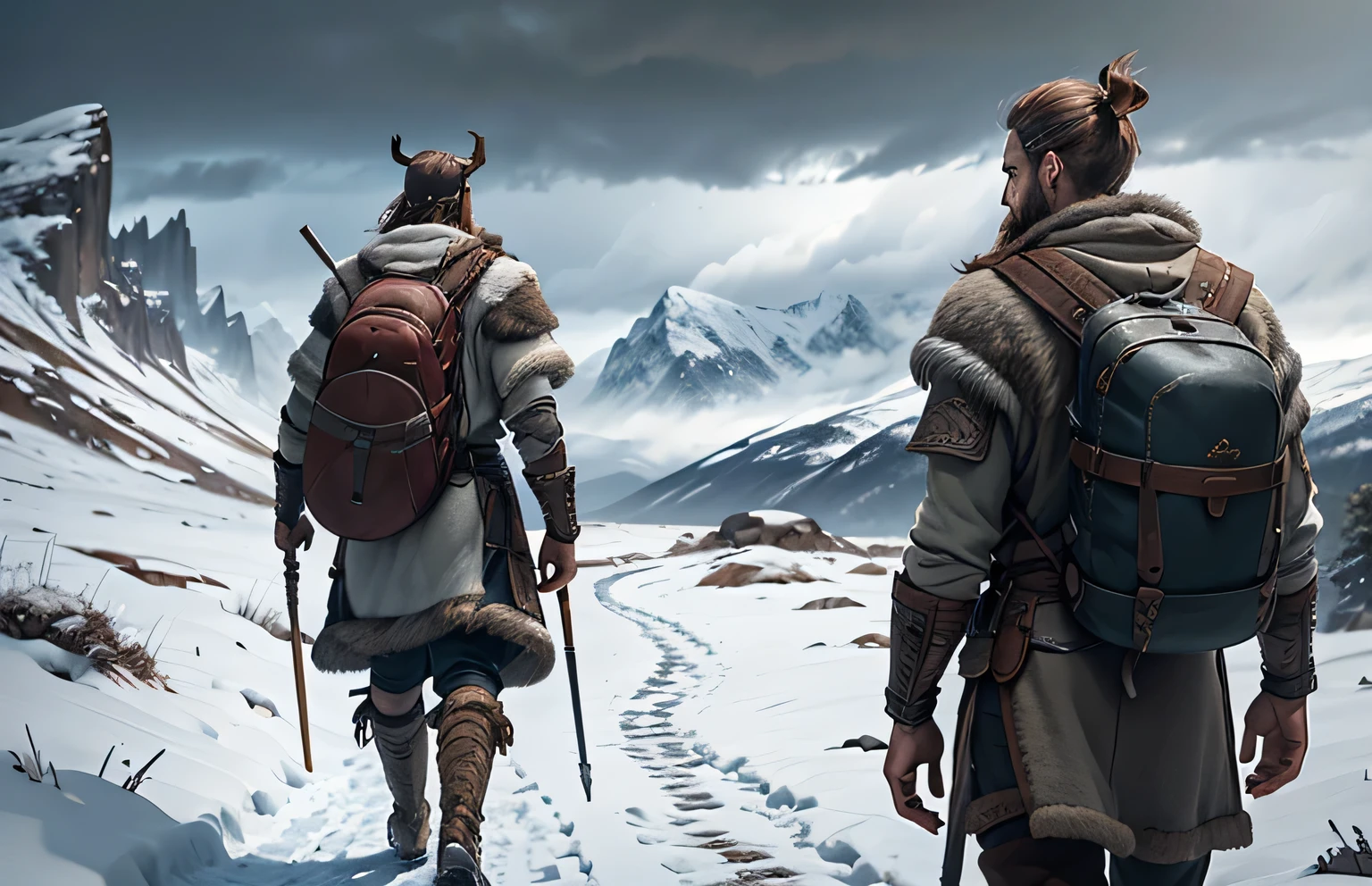 Close-up, full height. A Viking in combat attire(back to us), with a backpack and thermos, walking away along a snowy path in the mountains, cloudy day. Realism, detailing.