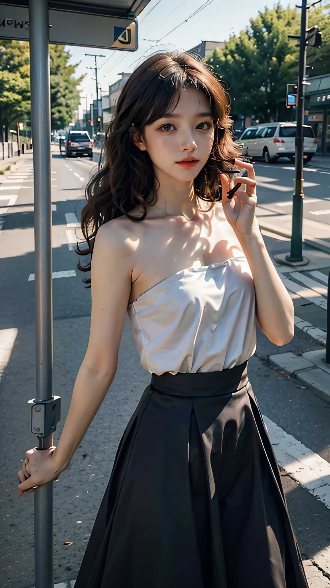 masterpiece, superlative, spring clothes, colored hair, outdoor, magazine cover, Transparent skirt,, sling, Light tulle, wide hips, thin waist, Smooth, soft and delicate skin
