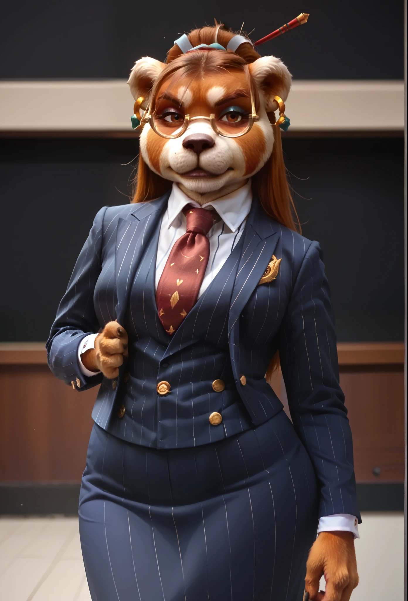 score_9, score_8_up, score_7_up, score_6_up, score_5_up, score_4_up, 1girl, breasts, furry, animal ears, brown hair, brown eyes, earrings, jewelry, hair ornament, glasses, hair stick, three-piece suit, 1girl, formal, jewelry, suit, red striped necktie, waistcoat, navy pinstripe jacket, blue striped shirt with white collar, white shirt collar, shirt, skirt, bodycon skirt, smoky eyeshadow, cufflinks, looking at viewer, close up, office background, superior, boss lady, portrait, looking down nose, stern, smoulder, scowl, strict, crossed arms