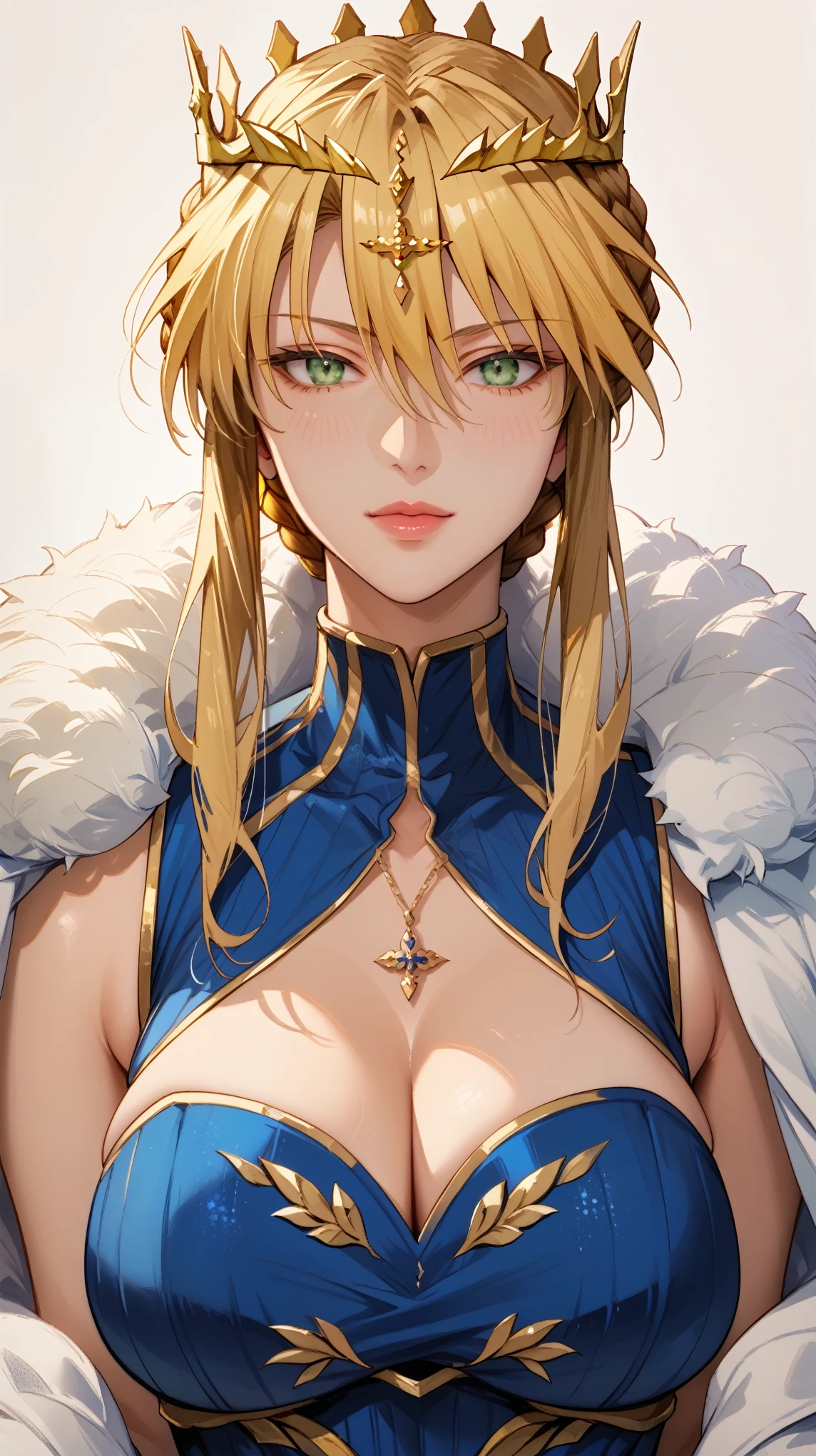 Artoria Pendragon, Lancer, blonde, green eyes, braid, crown, sleeveless blue leotard, cutout cleavage, elegant woman, mature woman, soft light, upper body, curvaceous