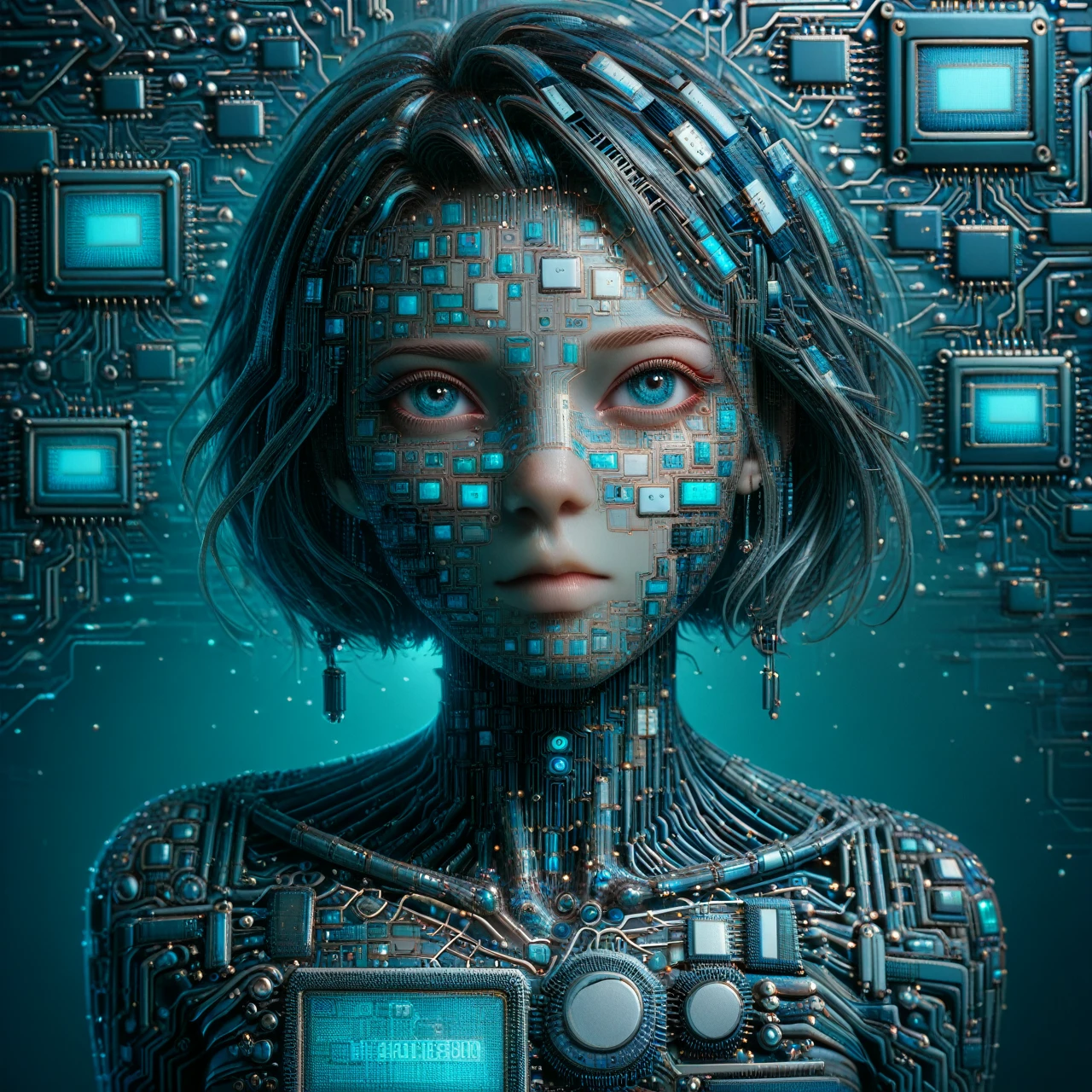 Supreme female humanoid artificial intelligence, made entirely of Biomech semiconductor,  Science fiction, semiconductor cables instead of hair (masterpiece:1.2), Best quality</input></xml>, (hyperdetailed, more detailed:1.2), high resolution textures, chip na testa, connected by cables to a background circuit board, blue led with pulse, Stunning quality, facing the camera, face, facial view, eye contact, looking at the viewer 