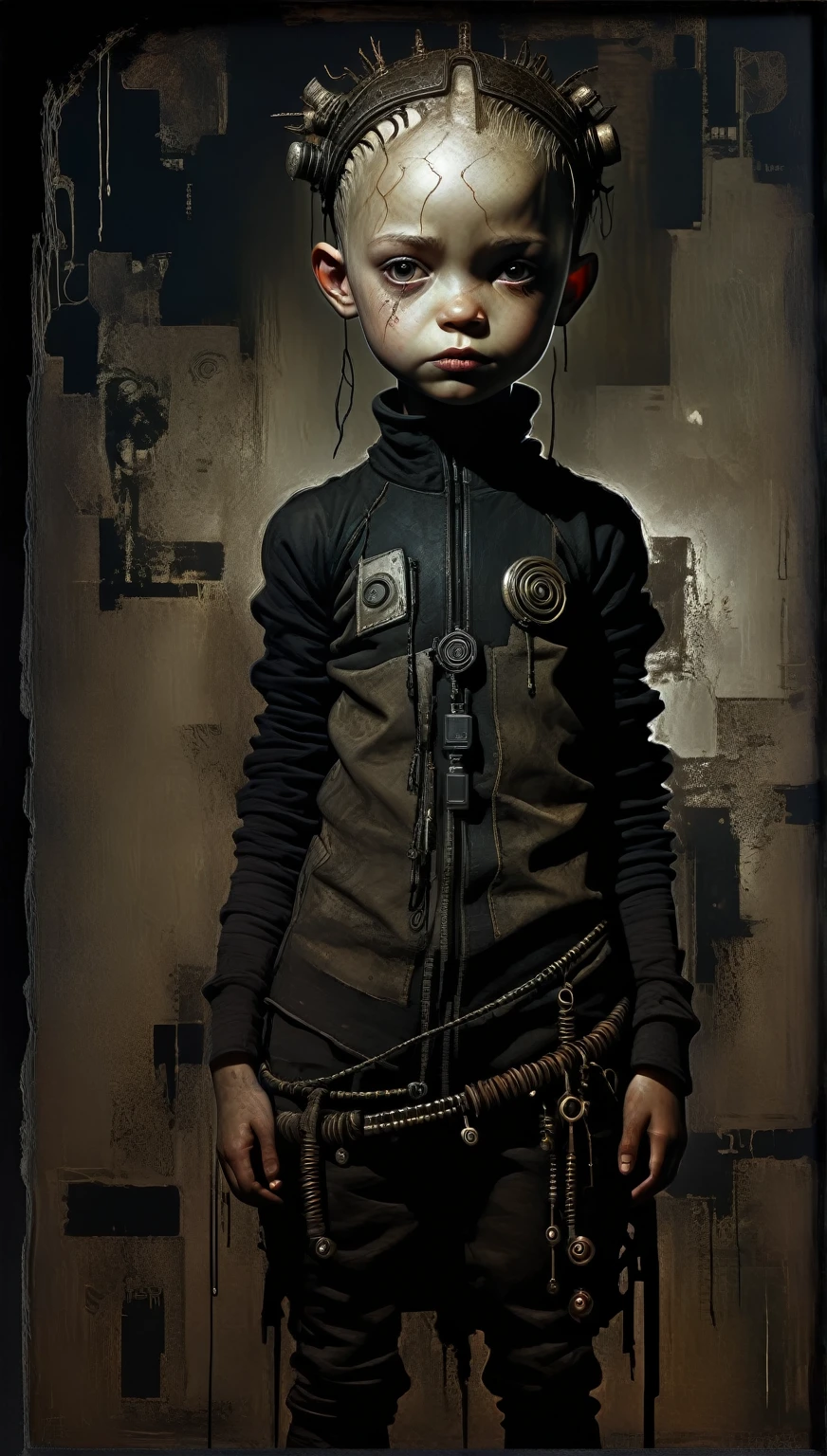 anatomically correct:1.3, Intricate and detailed portrait of a child, fantasy character design, cyberpunk, Dark and shadowy lightingspectacular chiaroscuro lighting, Film composition, Ashley Wood style, sandy grunge texture, sharp focus, hyper detailed, 8k, (the best quality:1.2), (photorealist:1.37). AniPnyXLQual, HashbinPnyXL