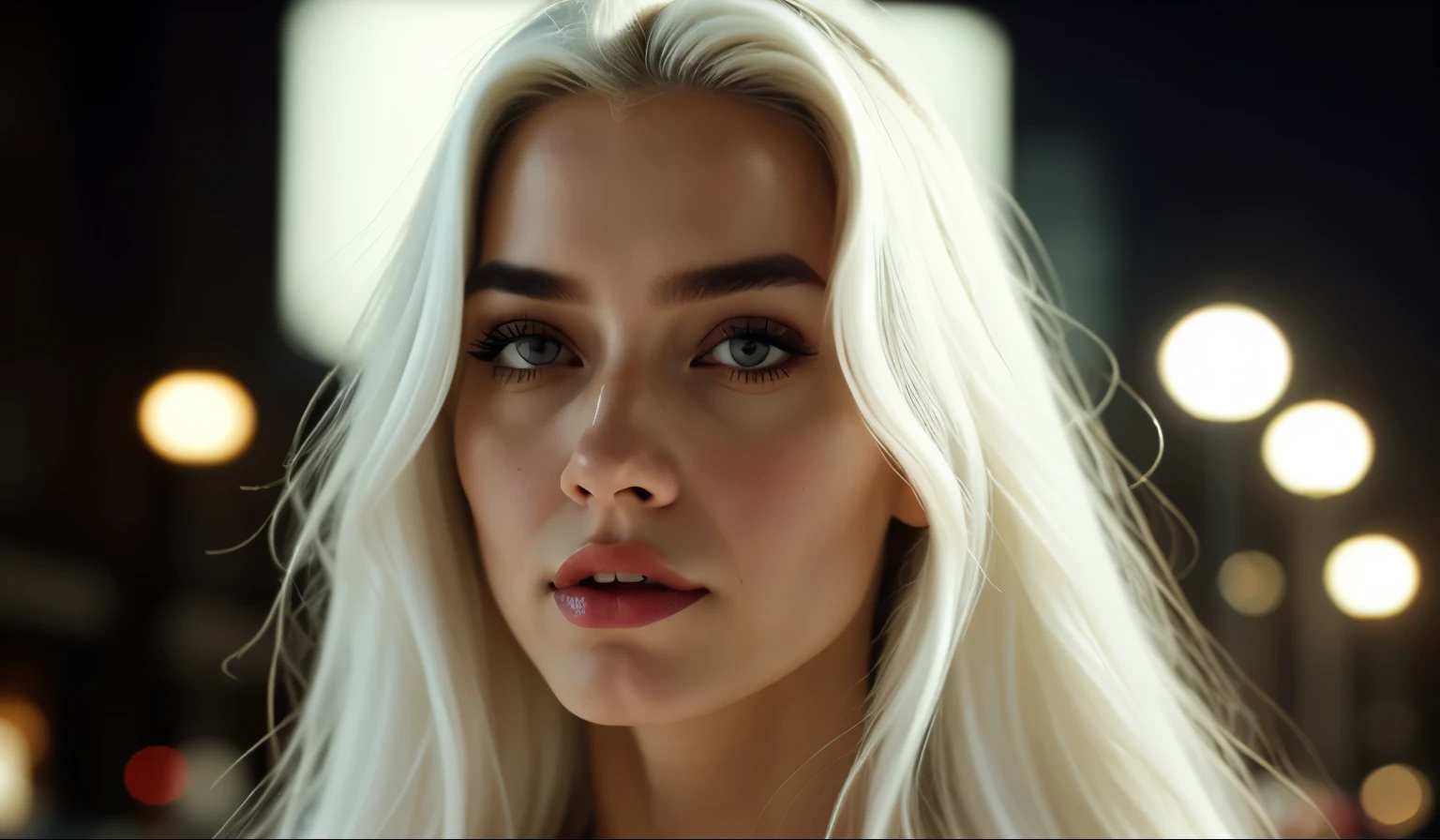 Masterpiece, highest quality, (focus only), (Perfect face:1.1), (High level of detail:1.1),Dramatic, 1 chico, (pale skin), long white hair, white eyes, [clear eyebrows], alone, Long hair, official, Evening, luxury white suit, covered navel, full lips, covered, futuristic city, Detailed background, Art by Artgerm and Greg Rutkowski, cinematic lighting roses, fashion, BalenciagaStyle