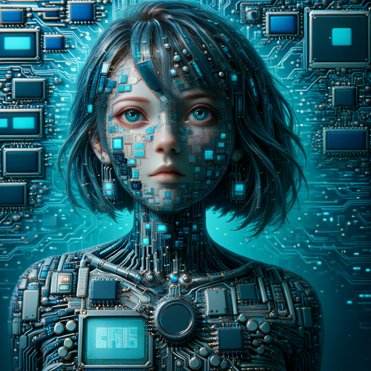 Supreme female humanoid artificial intelligence, made entirely of Biomech semiconductor,  Science fiction, semiconductor cables instead of hair (masterpiece:1.2), Best quality</input></xml>, (hyperdetailed, more detailed:1.2), high resolution textures, chip na testa, connected by cables to a background circuit board, blue led with pulse, Stunning quality, facing the camera, face, facial view, eye contact, looking at the viewer 