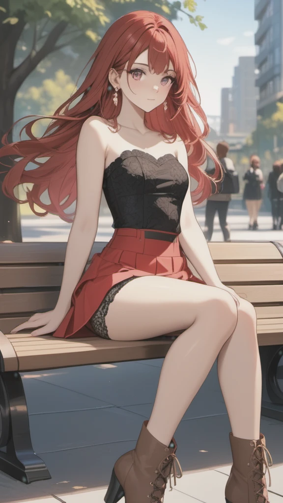 (((Adult woman)): (thigh short miniskirt, strapless lace top, pink eyes, brown skin, dark skin, showing the whole body, ((red head short wavy hair)), ((High heel boots ). Closed mouth )); full body shot, ((sitting on a bench at park)), city background. High quality. 4k, 8k, many details. Masterpiece, accurate, anatomically correct, posing, detailed background, better quality, original work Focus on details, people's watching around, Front view, hand in hair, earrings,  wind blowing, red lace panties, down view, skirt lift, open legs, light freckles 