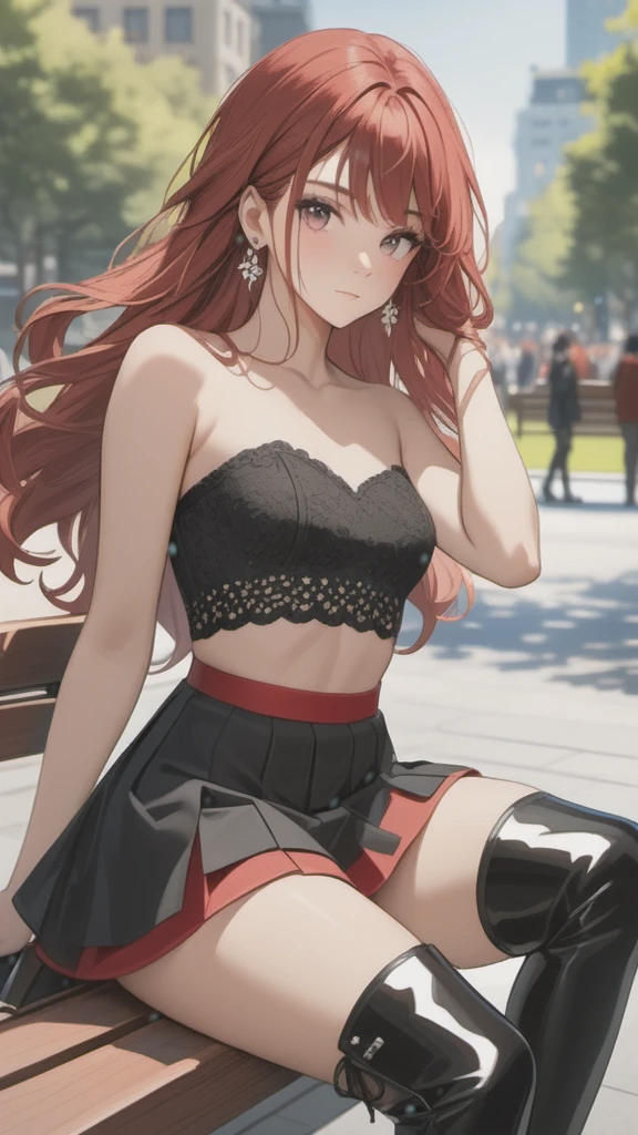 (((Adult woman)): (thigh short miniskirt, strapless lace top, pink eyes, brown skin, dark skin, showing the whole body, ((red head short wavy hair)), ((High heel boots ). Closed mouth )); full body shot, ((sitting on a bench at park)), city background. High quality. 4k, 8k, many details. Masterpiece, accurate, anatomically correct, posing, detailed background, better quality, original work Focus on details, people's watching around, Front view, hand in hair, earrings,  wind blowing, red lace panties, down view, skirt lift, open legs, light freckles 