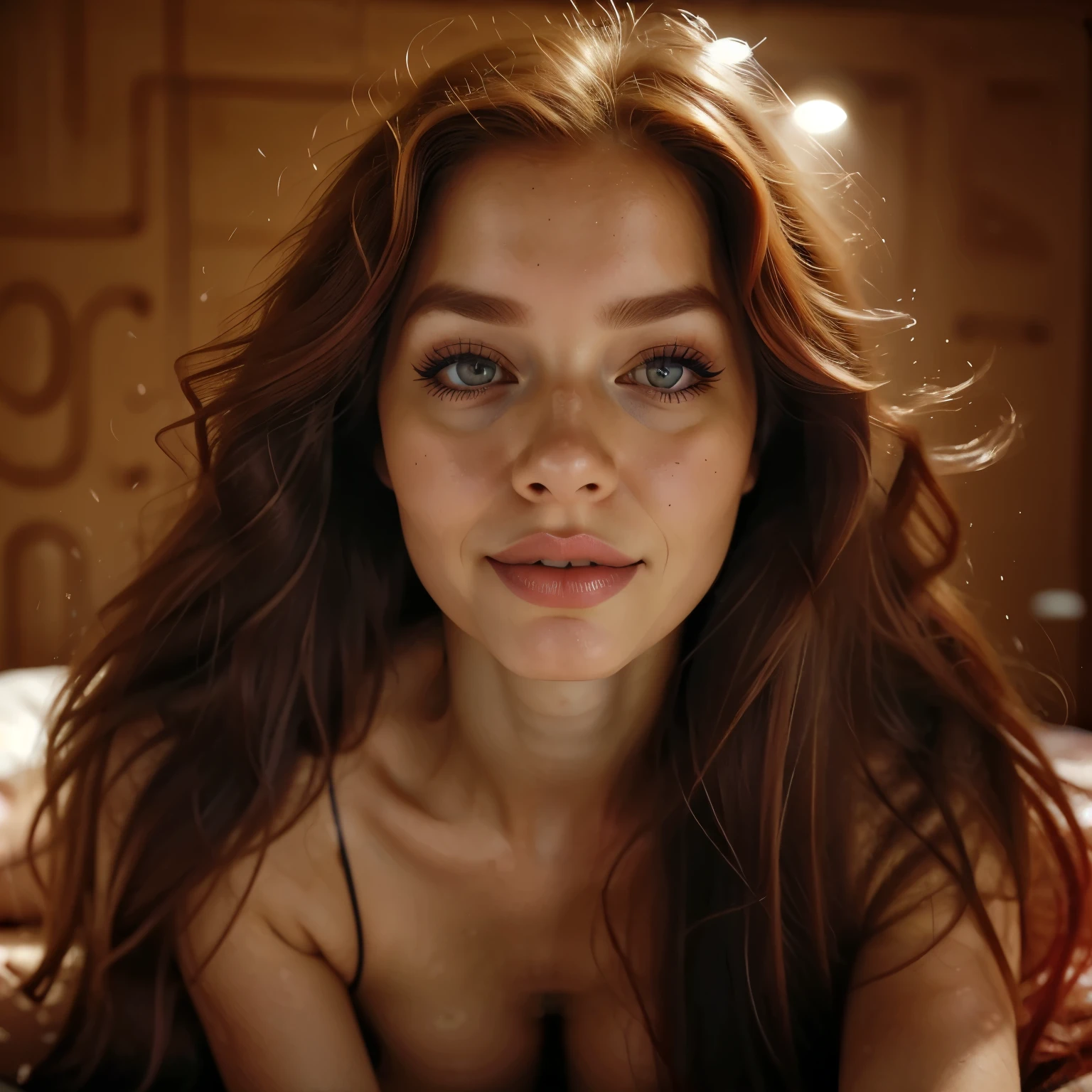 long eyelashes, solid circle eyes, to throw, smooth hair, Long hair, red hair, big tits, make up, drop shadow, High level of detail, 8K, Super detail, necessary, La mejor calidad, Textured skin, full body image, Expressions, rostro, , , in bed, lying down