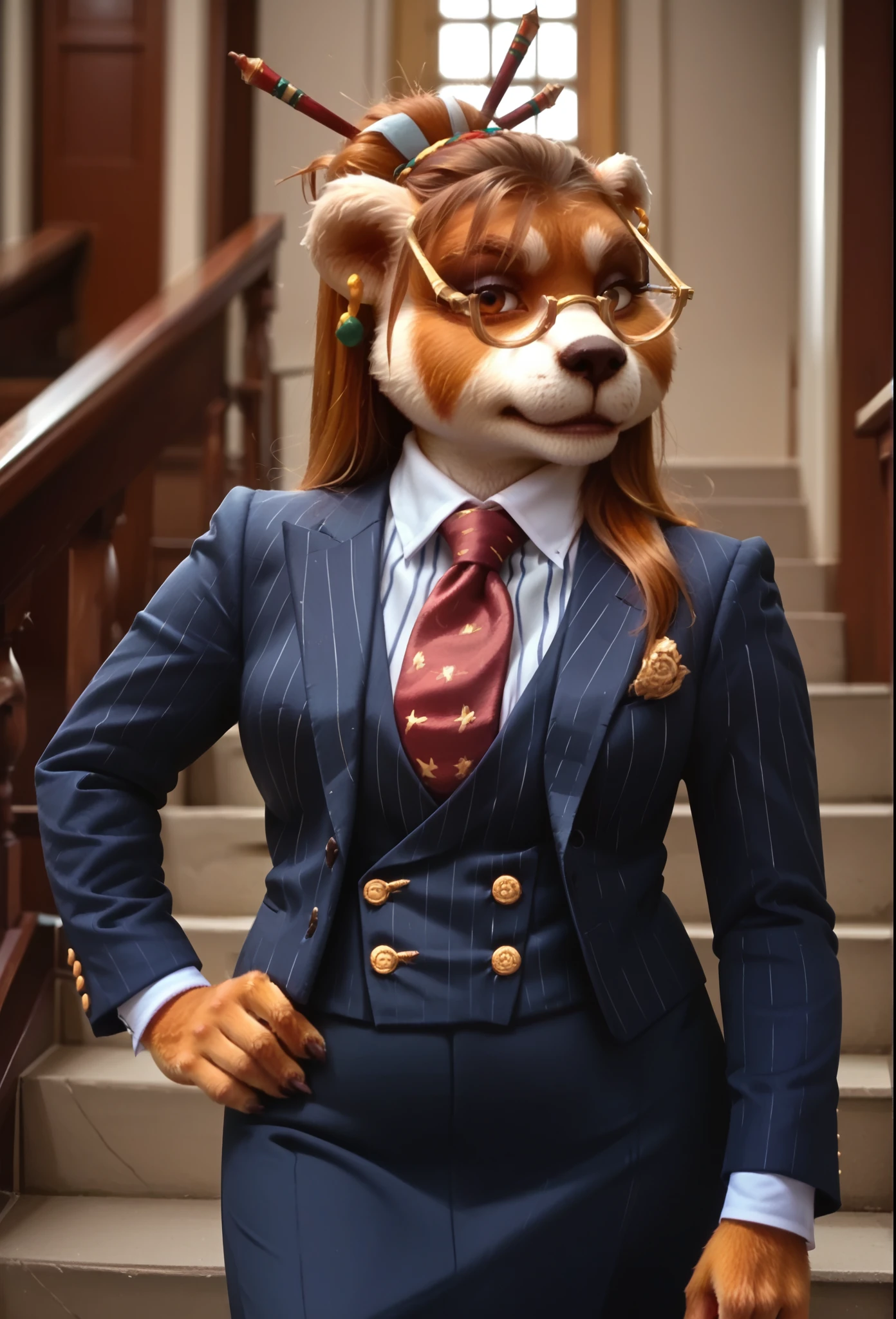 score_9, score_8_up, score_7_up, score_6_up, score_5_up, score_4_up, 1girl, breasts, furry, animal ears, brown hair, brown eyes, earrings, jewelry, hair ornament, glasses, hair stick, three-piece suit, 1girl, formal, jewelry, suit, red striped necktie, waistcoat, navy pinstripe jacket, blue striped shirt with white collar, white shirt collar, shirt, skirt, bodycon skirt, smoky eyeshadow, cufflinks, looking at viewer, close up, manor staircase, mansion staircase, velvet stairs superior, boss lady, portrait, looking down nose, stern, smoulder, strict, hand on stair bannister, hand on hip, looking to the side, formal portrait, good posture, raised chin, adjusting glasses