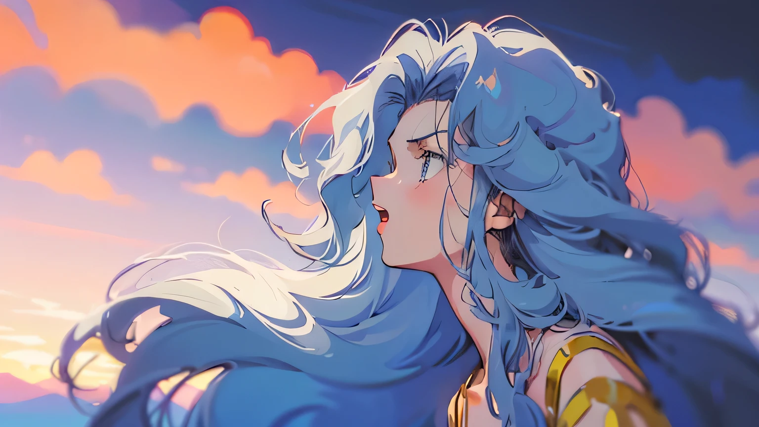 (80's, retro, pop:1.5), (album cover), (masterpiece, best quality), (anime, illustration), a woman, karen, curly hair, wavy hair, blue hair, yellow crop top, anime, retro anime, angry woman, open mouth, profile shot,