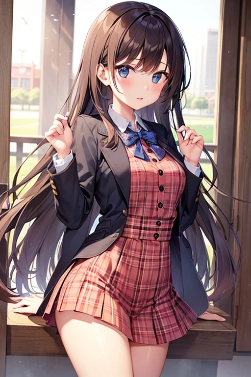 ((masutepiece, Best Quality, hight resolution, nffsw, Perfect Pixel,  4K, nffsw, nffsw))), 1girl in, Single, Solo, Beautie、full body seen、 ((Middle Wave Hair, Bangs, Brown hair)), ((Brown-eyed, Beautiful eyelashes, Realistic eyes)), ((Detailed face, Blushing:1.2)), ((Smooth texture:0.75, Realistic texture:0.65, Photorealistic:1.1, Anime CG style)), medium breasts, Dynamic Angle, Perfect body,  ((red bowtie, School uniform, Black jacket, Open jacket, Brown cardigan, White shirt, Black skirt, plaid skirts)), City staircase、Looking up from the bottom of the stairs、Very embarrassing panic smile, turned around、bending forward、(The wind flipped my skirt and exposed my butt....................、Touching the buttocks with both hands、Pink floral lace panties)、