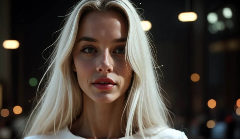 Masterpiece, highest quality, (focus only), (Perfect face:1.1), (High level of detail:1.1),Dramatic, 1 chico, (pale skin), long white hair, white eyes, [clear eyebrows], alone, Long hair, official, Evening, luxury white suit, covered navel, full lips, covered, futuristic city, Detailed background, Art by Artgerm and Greg Rutkowski, cinematic lighting roses, fashion, BalenciagaStyle