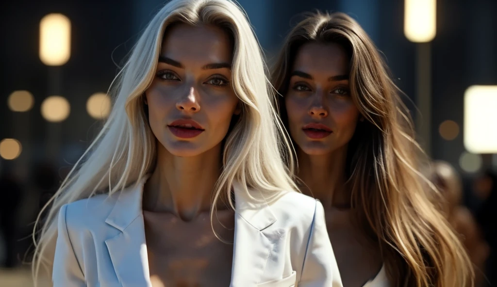 Masterpiece, highest quality, (focus only), (Perfect face:1.1), (High level of detail:1.1),Dramatic, 1 chico, (pale skin), long white hair, white eyes, [clear eyebrows], alone, Long hair, official, Evening, luxury white suit, covered navel, full lips, covered, futuristic city, Detailed background, Art by Artgerm and Greg Rutkowski, cinematic lighting roses, fashion, BalenciagaStyle