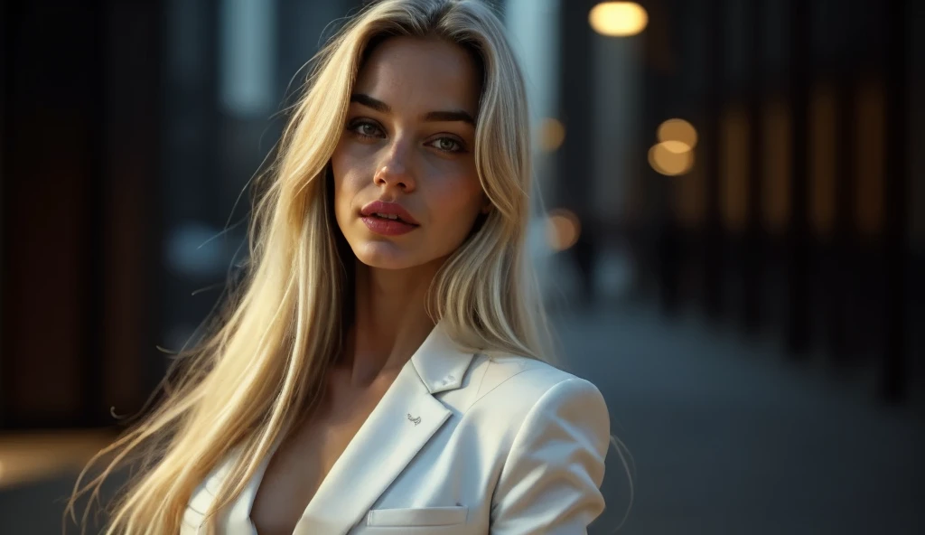 Masterpiece, highest quality, (focus only), (Perfect face:1.1), (High level of detail:1.1),Dramatic, 1 chico, (pale skin), long white hair, white eyes, [clear eyebrows], alone, Long hair, official, Evening, luxury white suit, covered navel, full lips, covered, futuristic city, Detailed background, Art by Artgerm and Greg Rutkowski, cinematic lighting roses, fashion, BalenciagaStyle