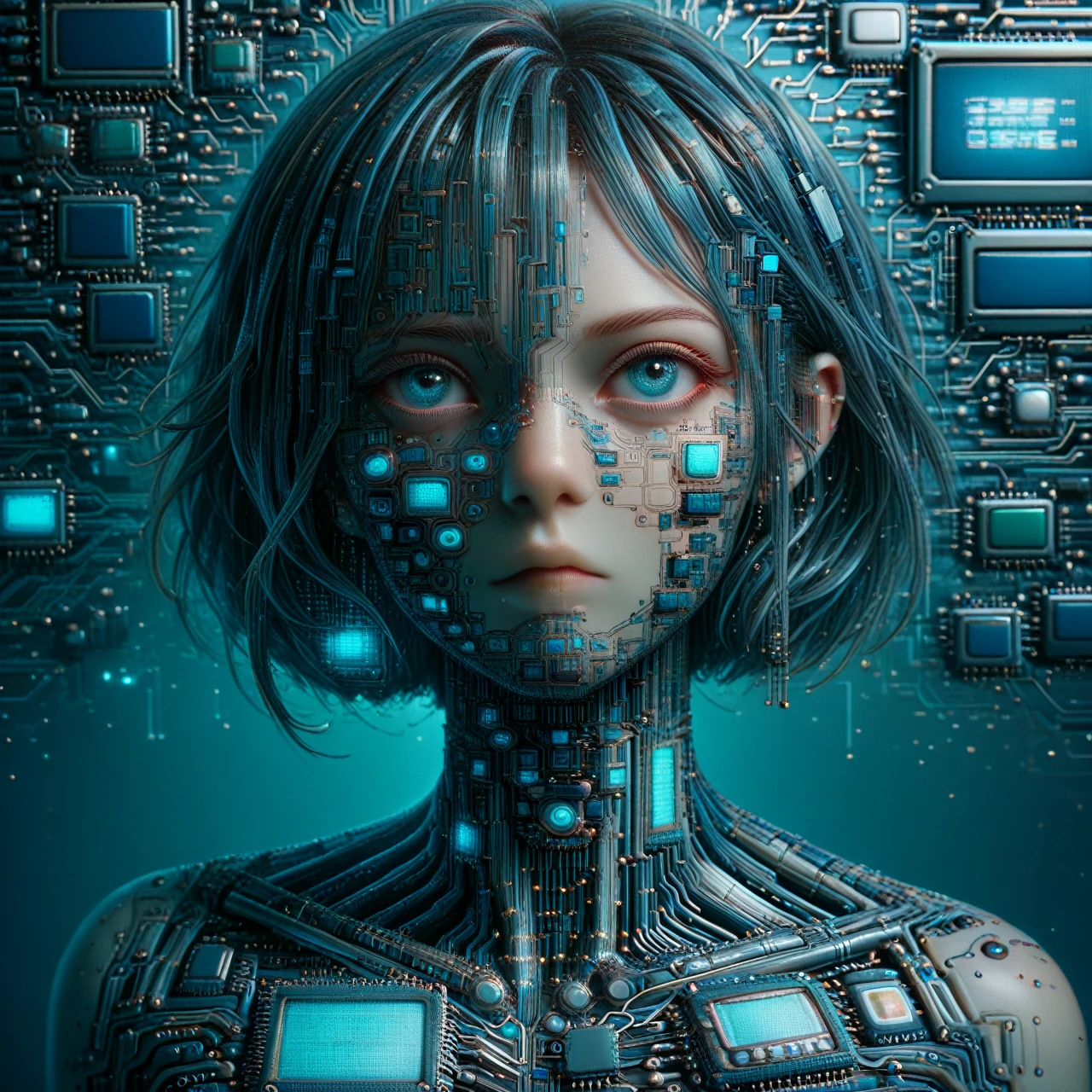 Supreme female humanoid artificial intelligence, made entirely of Biomech semiconductor,  Science fiction, semiconductor cables instead of hair (masterpiece:1.2), Best quality</input></xml>, (hyperdetailed, more detailed:1.2), high resolution textures, chip na testa, connected by cables to a background circuit board, blue led with pulse, Stunning quality, facing the camera, face, facial view, eye contact, Staring at the viewer, Facing the viewer 