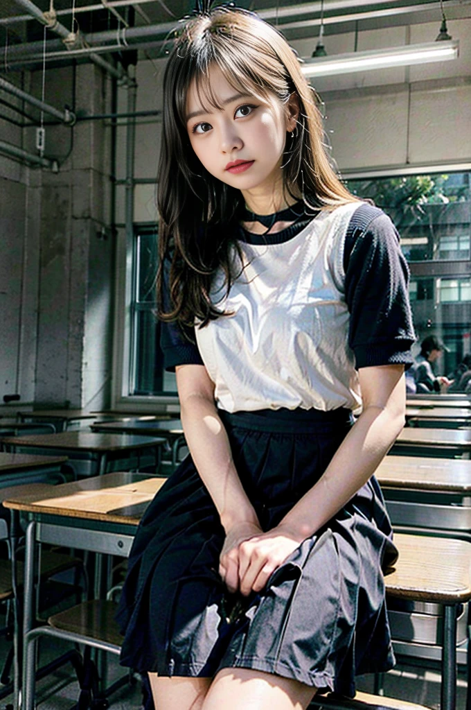 (skin spots: 1.2), (skin dentation), Black eyes, 1 female, 18 years old, ((Female))), Solo, Real, Best quality, Photorealistic, Masterpiece, 8K, High resolution, Solo, Very detailed face, (Professional lighting, bokeh), (Light particles, lens flares, glowing particles: 0.6), (Dynamic pose: 1.0), Soft lighting, Low angle view, fashionable and trendy, Japan, street, Tokyo, school, (daytime)), sky, ((view viewer:1)), (look at camera),(portrait:0.2), gorgeous, school uniform, skirt, standing, legs visible, keep original facial proportions, wide shoulders, full body, (small breasts), (medium hair), black hair, floating hair, lips, lipstick, seductive smile, ponytail, smile, open_mouth, teeth,