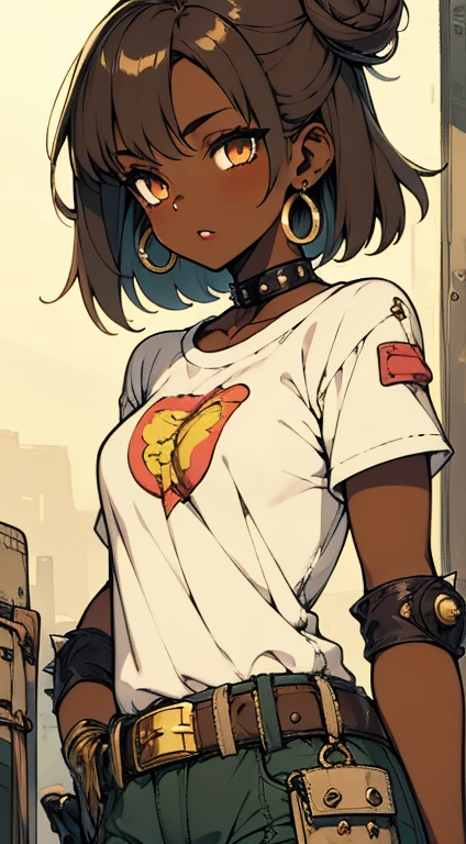 1girl, dark skin tan control, black eyeliner, light brown eye shadow, pink, rosy lips, gold hoop earrings, brown eyes, spiky hair buns, : Baggy cargo shorts, print t-shirts, studded belts, black gloves