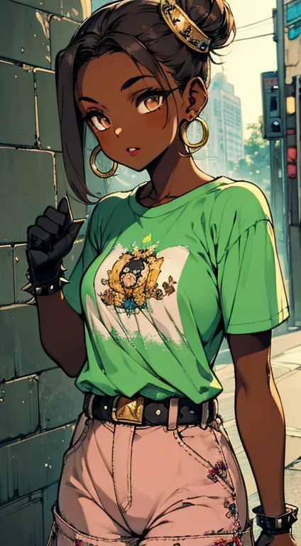 1girl, dark skin tan control, black eyeliner, light brown eye shadow, pink, rosy lips, gold hoop earrings, brown eyes, spiky hair buns, : Baggy cargo shorts, print t-shirts, studded belts, black gloves