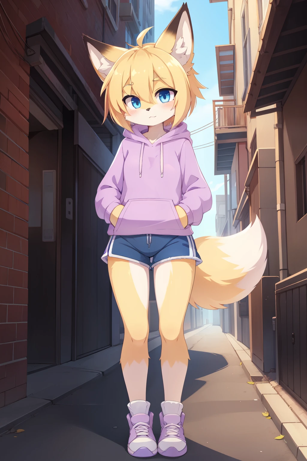 score_9,score_8_up,score_7_up, source_cartoon, source_furry, Furry girl, fox, two tone hair, blonde hair pink hair, bob hairstyle, ((hair over one eye)), blue eyes, fox ears, fox tail, small breasts, detailed body fur, ((lilac hoodie sueter, blue shorts, shoes)), looking at another, two tone body fur, clear yellow body fur, white body fur, detailed face, big eyebrows, detailed eyes, detailed body, detailed body fur, detailed hands, glistering body, shiny body, skinny, solo, glowing blue eyes, motion blur, skinny, cute, anime style, thick outline, anthropomorphic, countershading, looking at viewer, black alley, outside, clear sky, full body, standing, shy, :3,