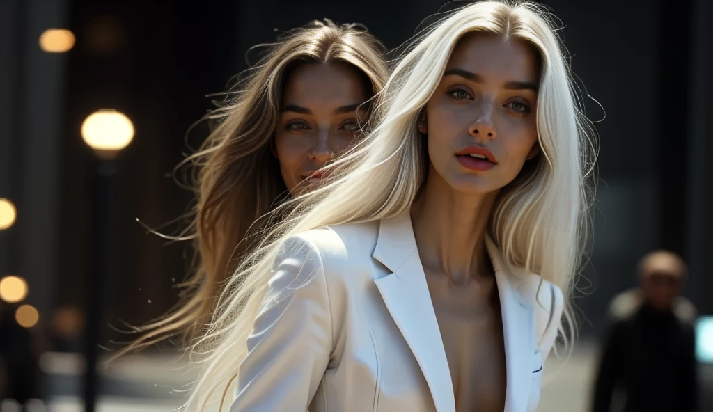 Masterpiece, highest quality, (focus only), (Perfect face:1.1), (High level of detail:1.1),Dramatic, 1 chico, (pale skin), long white hair, white eyes, [clear eyebrows], alone, Long hair, official, Evening, luxury white suit, covered navel, full lips, covered, futuristic city, Detailed background, Art by Artgerm and Greg Rutkowski, cinematic lighting roses, fashion, BalenciagaStyle