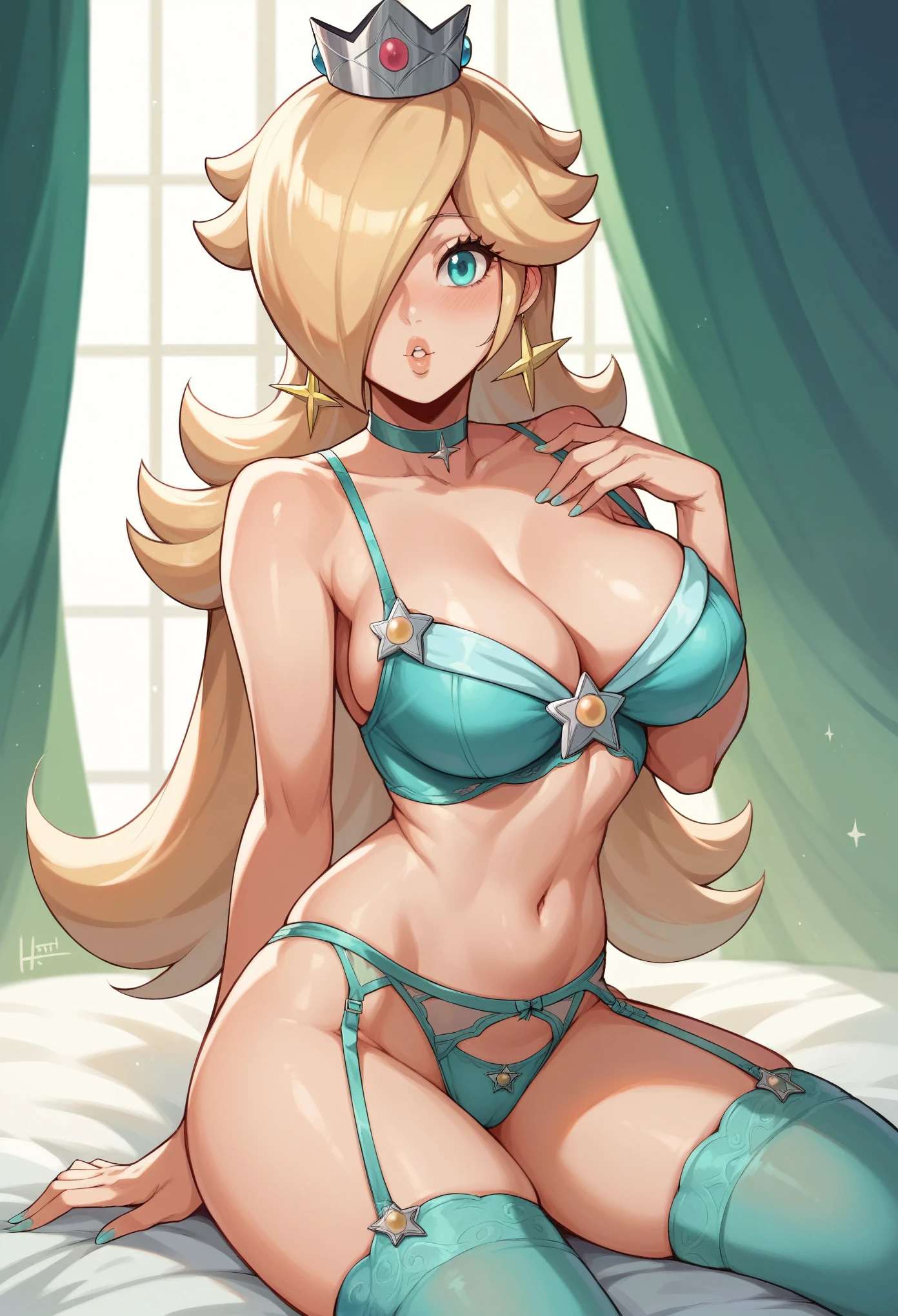 Princess Rosalina, hentai, big breasts, (breasts focus), blue lingerie, horny