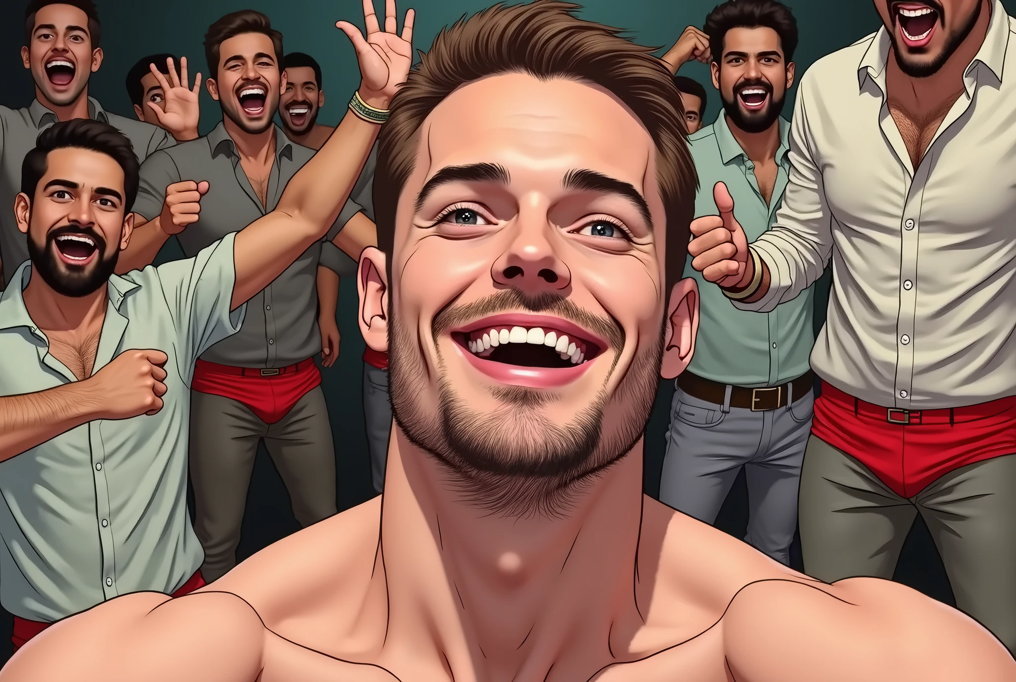 Handsome muscular shirtless brown haired man laughing standing in front of a metal pole, hands above head and handcuffed to the pole with stationary_restraints , metal rods with circular sponges touching his armpits and brushing his armpits