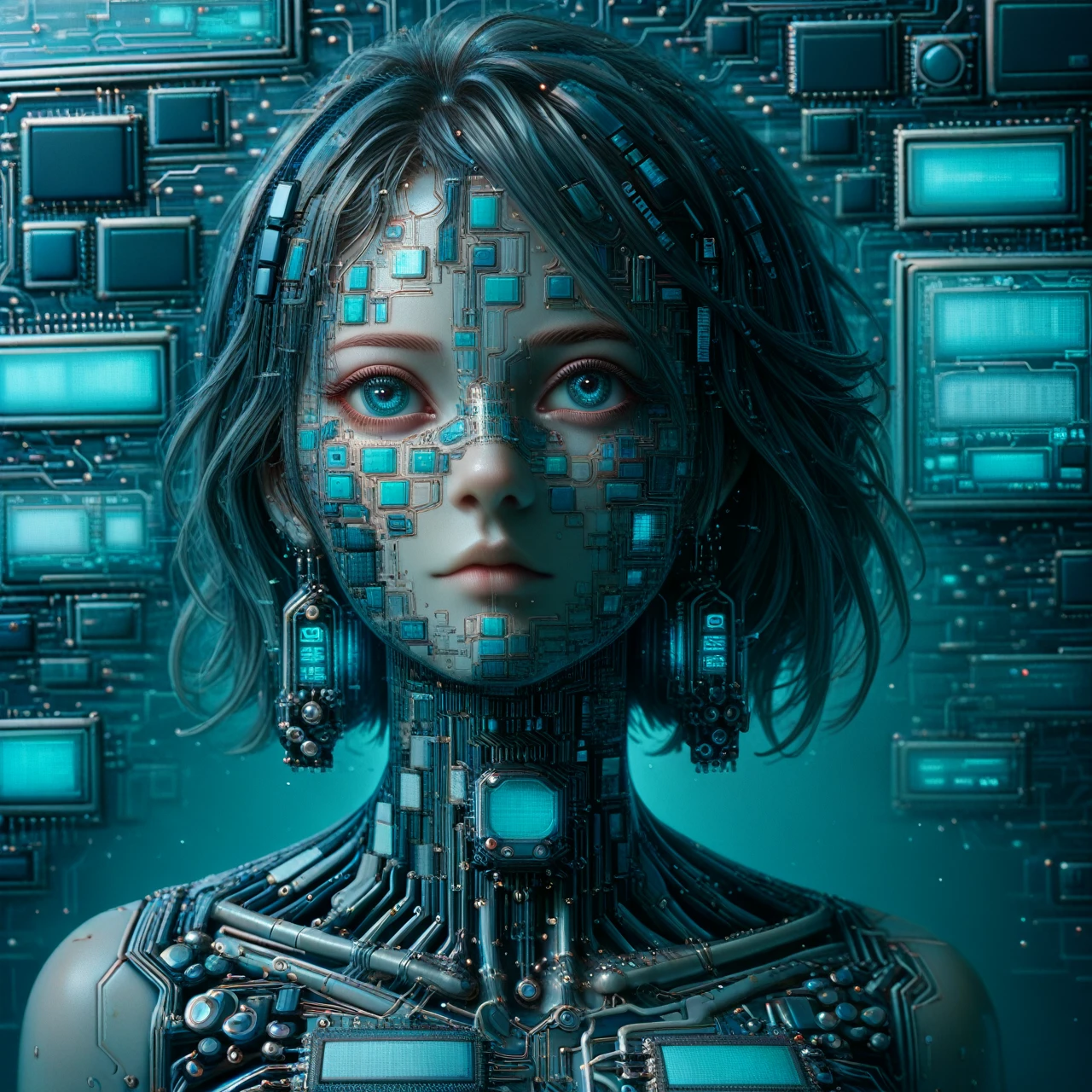 Supreme female humanoid artificial intelligence, made entirely of Biomech semiconductor,  Science fiction, semiconductor cables instead of hair (masterpiece:1.2), Best quality</input></xml>, (hyperdetailed, more detailed:1.2), high resolution textures, chip na testa, connected by cables to a background circuit board, blue led with pulse, Stunning quality, facing the camera, face, facial view, eye contact, looking seductively at the viewer, Facing the viewer 