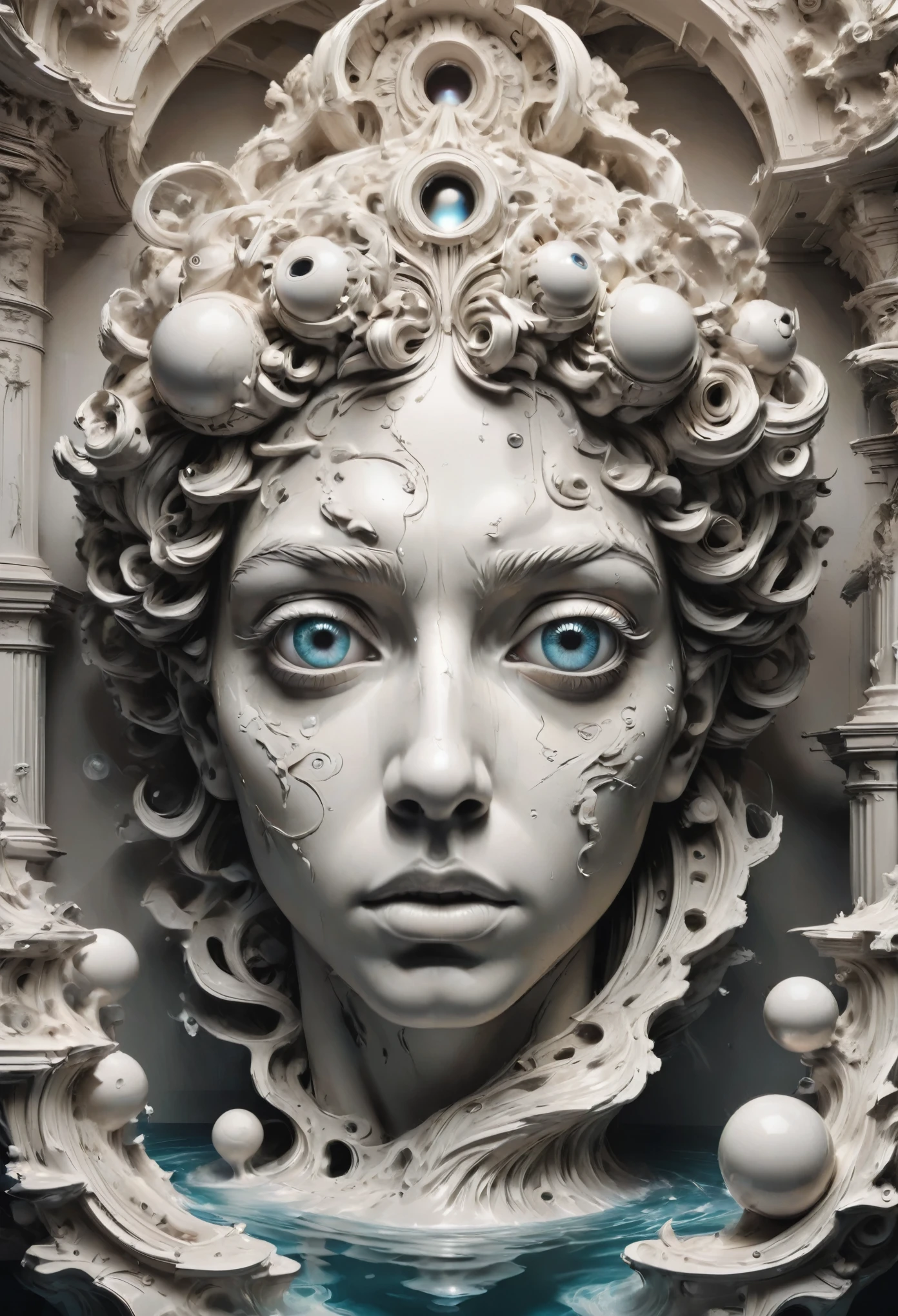 Create an image of a statue's face with a "broken angel" theme in streetwear style. The face should convey the look of an ancient statue with details that suggest wear and damage, while integrating modern urban fashion elements. Include streetwear accessories such as stylish sunglasses, piercings, or urban-inspired graphics. Use a color palette with metallic and dark tones, with striking contrasts to highlight the facial features. Add a background that complements the streetwear theme, such as abstract patterns or urban art elements.