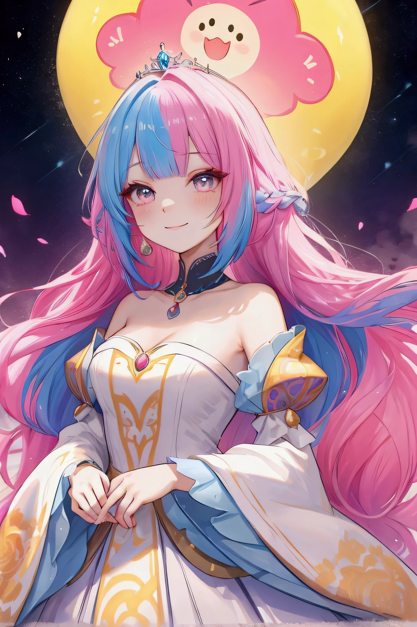 (master part, best quality:1.2), detalhes intrincados, Guardian Star Ahri, 1girl, orelhas de animais, ornamento de cabelo, Mangas em destaque, bareshoulders, Saia, magical girl, Multiple Tails, cabelo rosa, sorriso leve