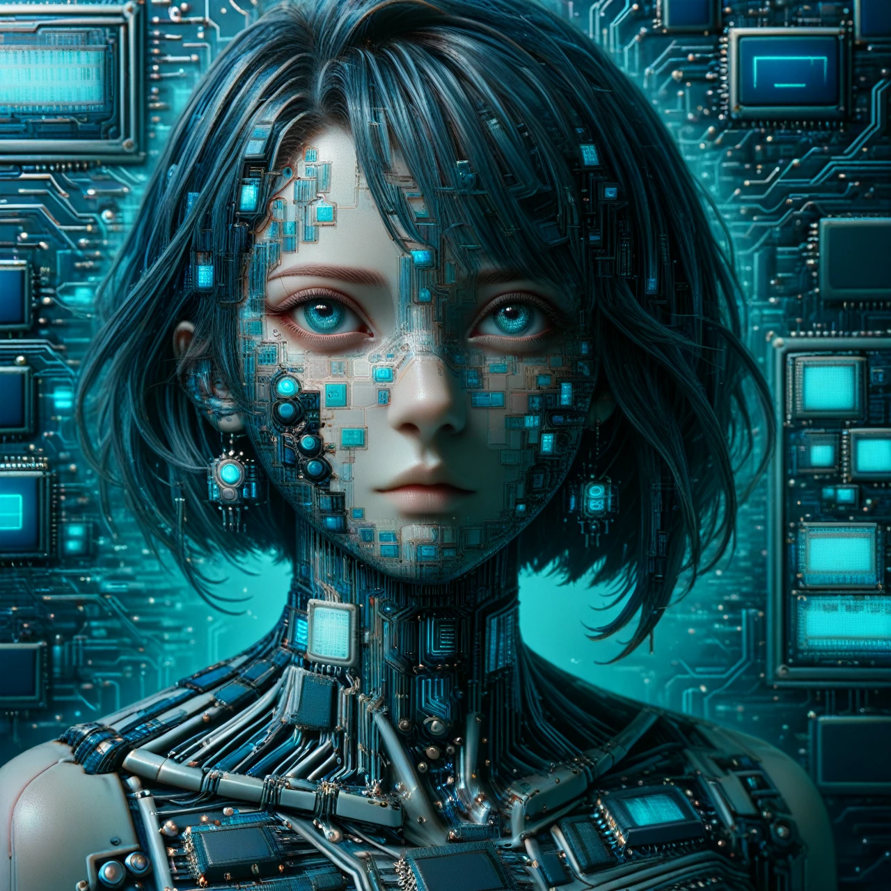 Supreme female humanoid artificial intelligence, made entirely of Biomech semiconductor,  Science fiction, semiconductor cables instead of hair (masterpiece:1.2), Best quality</input></xml>, (hyperdetailed, more detailed:1.2), high resolution textures, chip na testa, connected by cables to a background circuit board, blue led with pulse, Stunning quality, facing the camera, face, facial view, eye contact, looking seductively at the viewer, Facing the viewer 