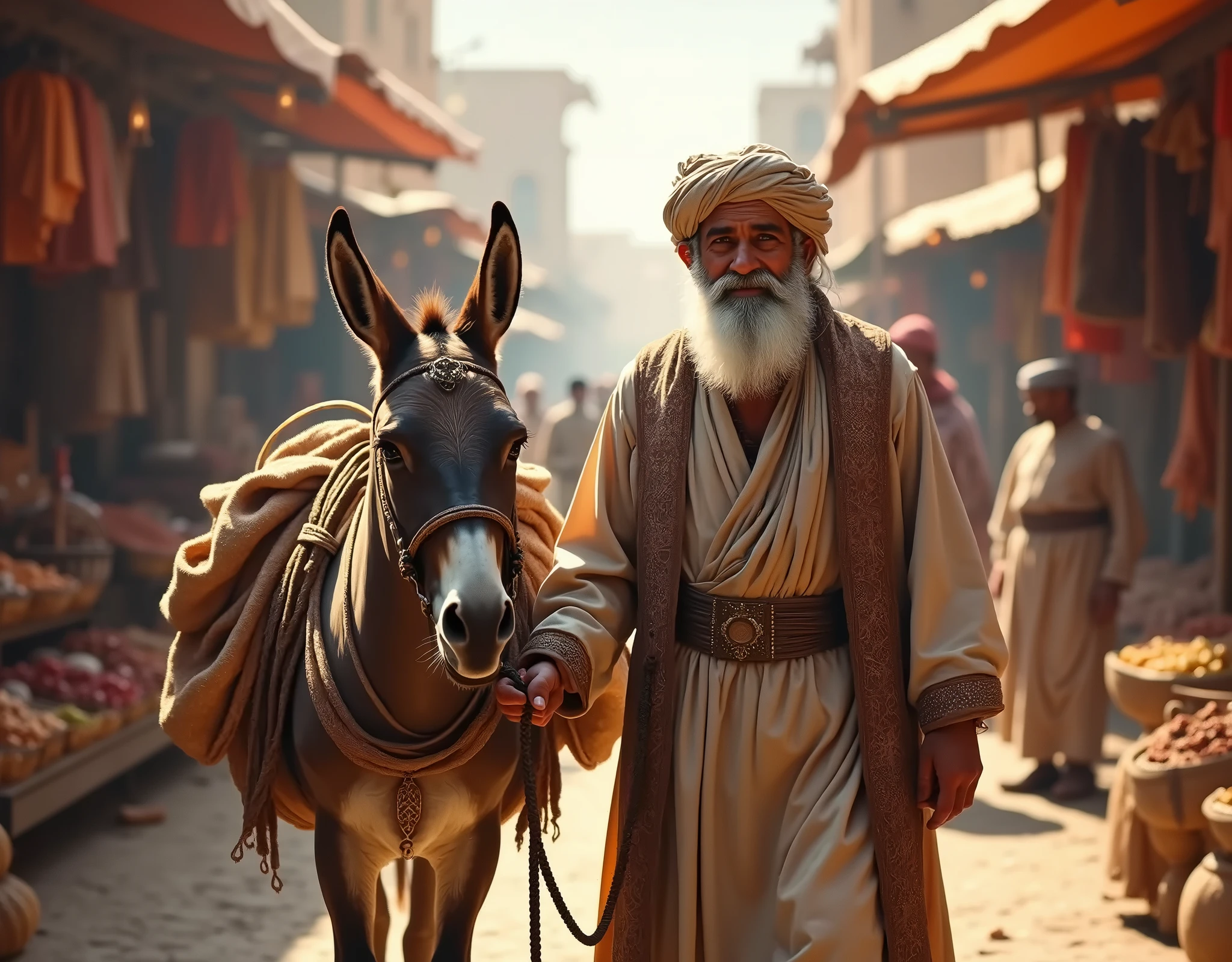 a man from the tribe of levi, a servant and two donkeys in a square of an ancient syrian city at dusk, panoramic image