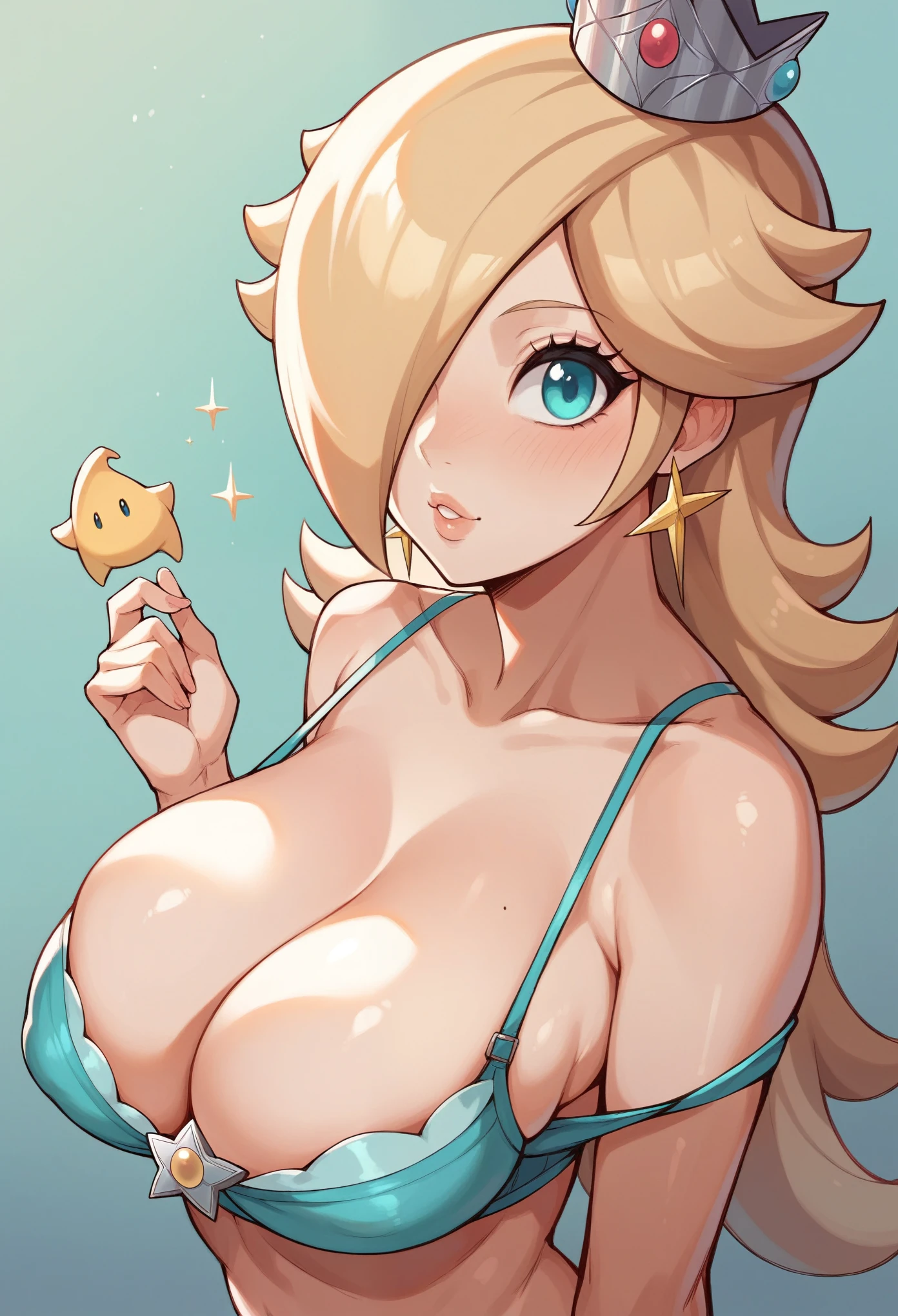 Princess Rosalina, hentai, big breasts, (breasts focus), blue lingerie, horny, shiny breasts, sweated breasts,